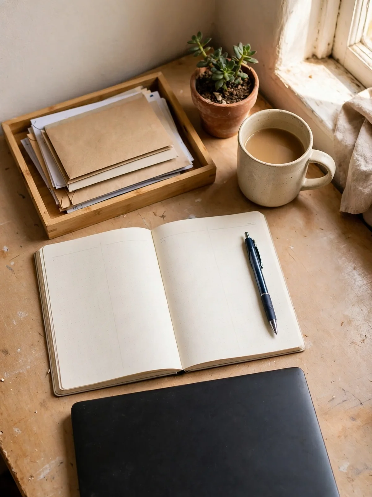 A clear desk by a window with a closed laptop, open planner, pen and a tray of sorted mail
