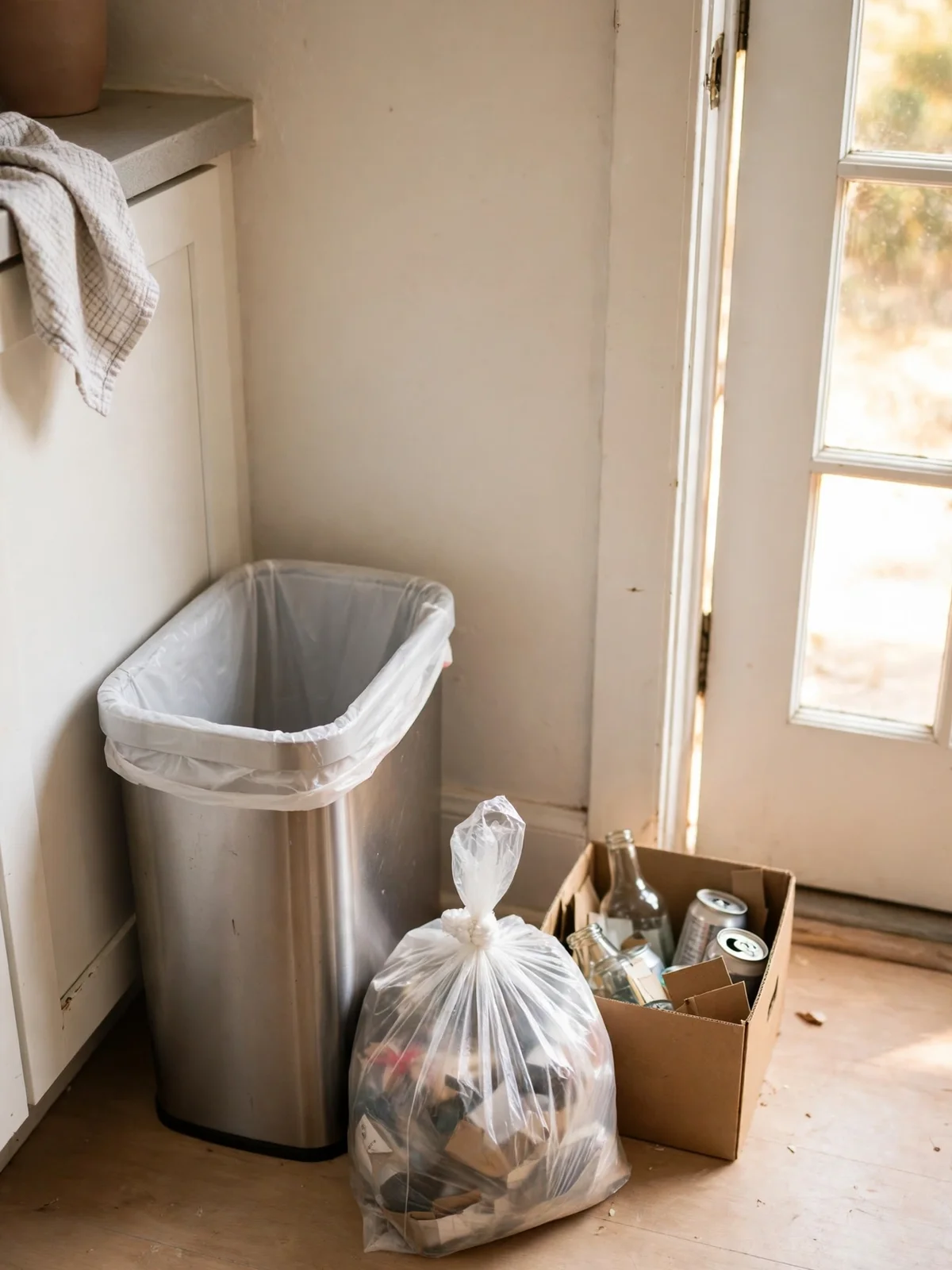 A kitchen bin with a fresh liner, a tied trash bag and a box of sorted recycling ready by the door
