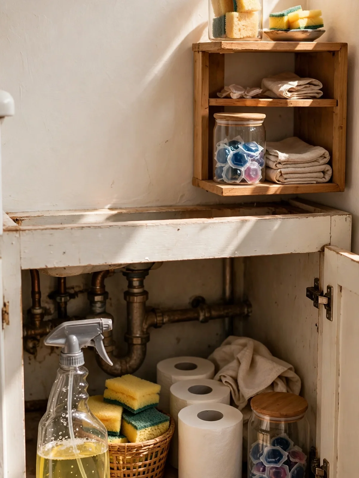 An open under-sink cabinet neatly restocked with a spray bottle, sponges, paper rolls and laundry pods in simple jars