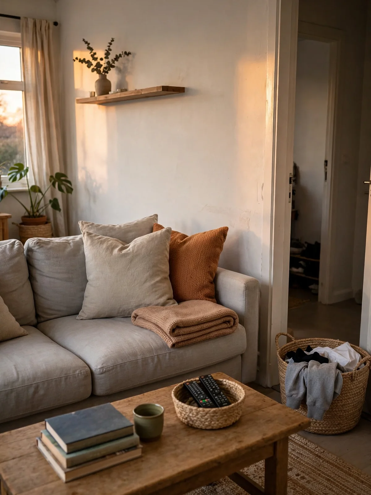 A tidy living room with plumped cushions, a folded throw and remotes in a small basket, a laundry basket of stray items by the door