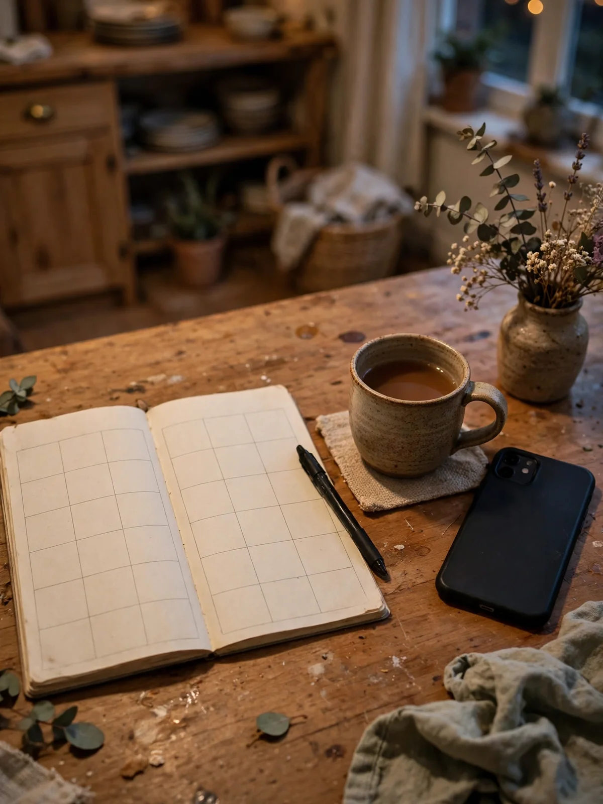 An open weekly planner on a kitchen table with a pen, a cup of tea and a phone face-down beside it in warm evening light