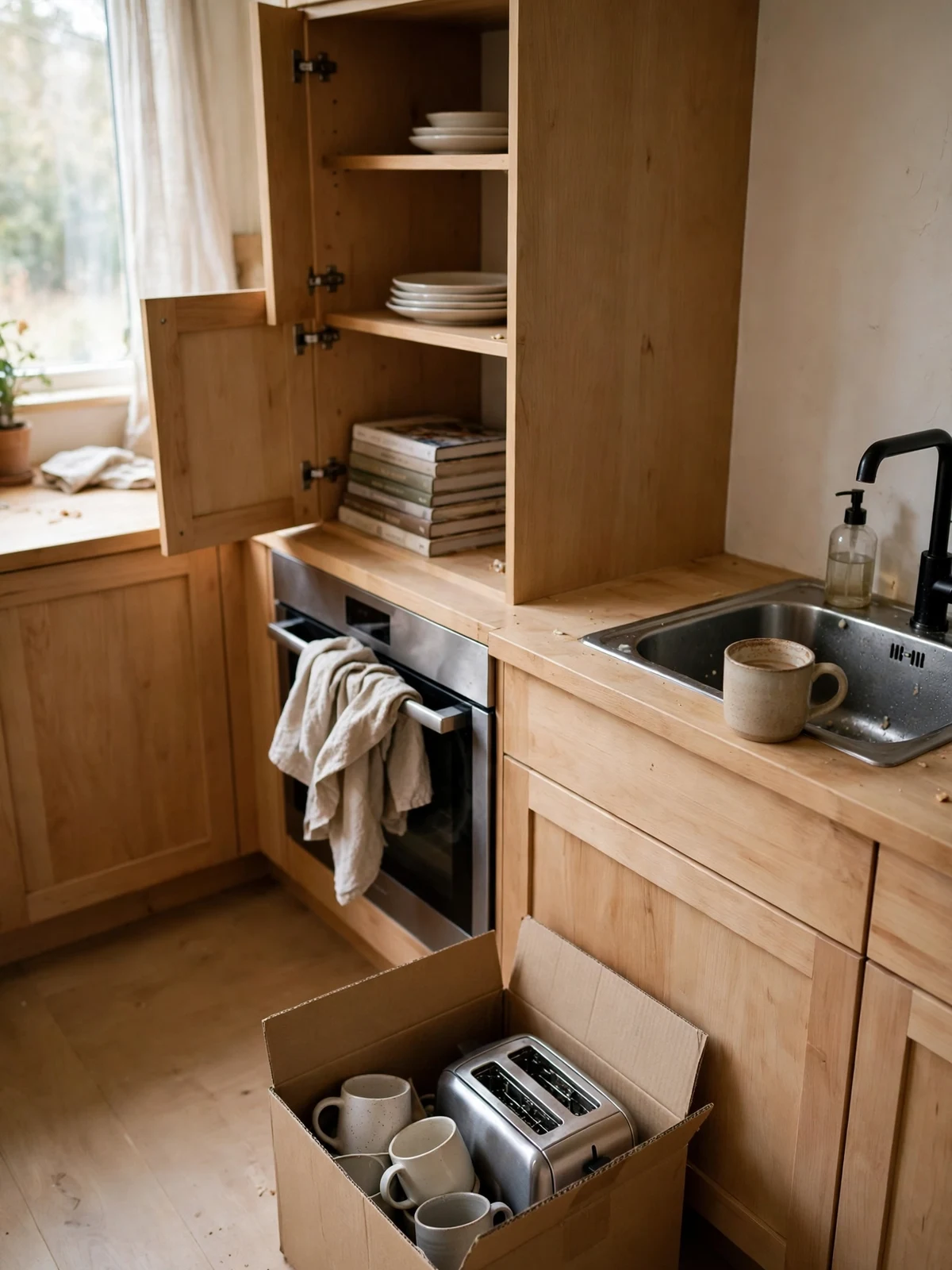 A tidy kitchen mid-declutter with mostly clear wooden counters, plates in an open cabinet and a cardboard donation box of extra mugs and a toaster on the floor