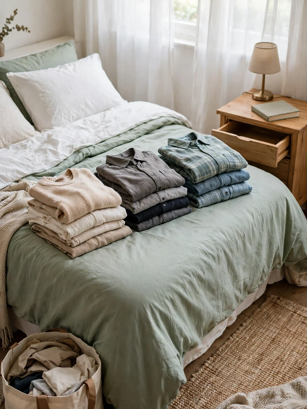 A calm bedroom during a declutter with sorted piles of folded clothes on a sage-green bed and a donation bag on the floor beside a clear nightstand