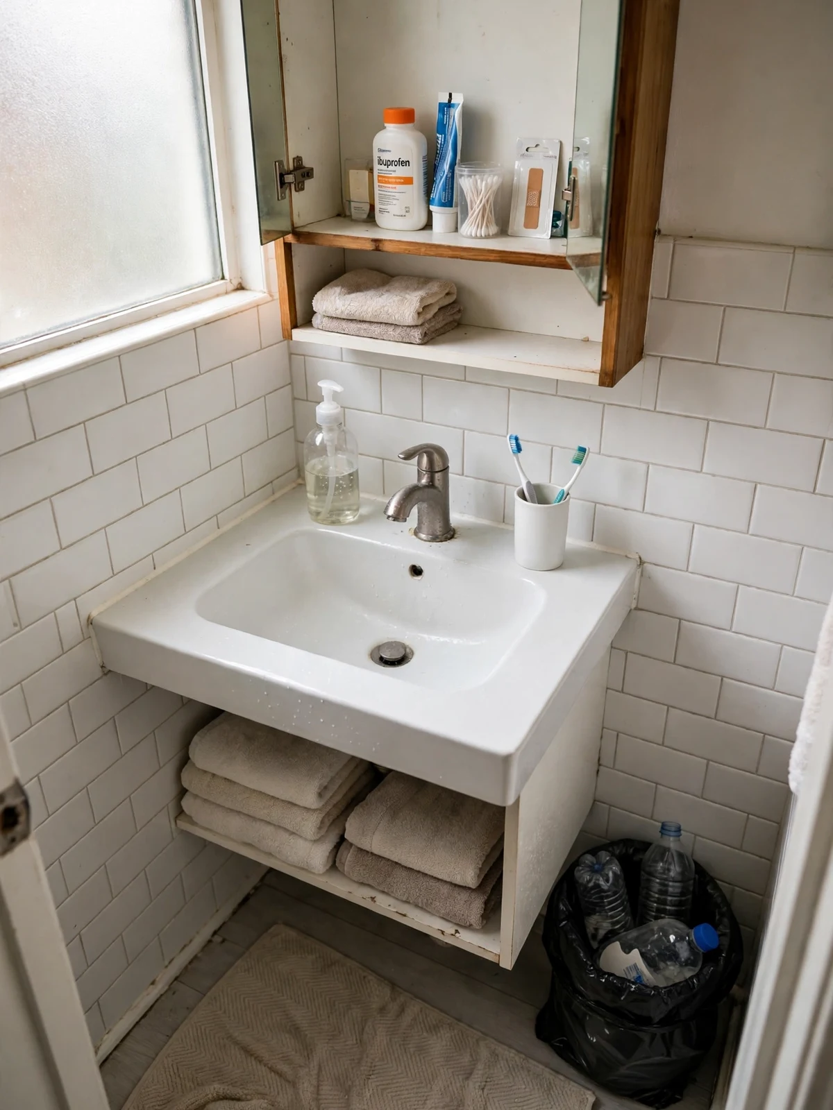 A small bathroom freshly decluttered with a clear sink counter, an open medicine cabinet with a few everyday products and a bag of empty bottles ready to recycle
