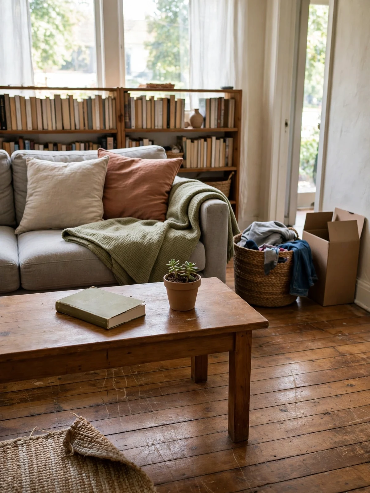 A lived-in living room after decluttering with a clear wooden coffee table holding one book and a small plant, plus a basket of stray items and a donation box by the wall