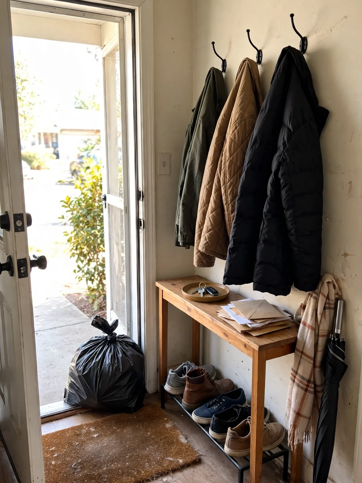 A small entryway mid-declutter with a tied donation bag by the open front door, a neat row of shoes on a rack, a key tray and mail on a narrow console table
