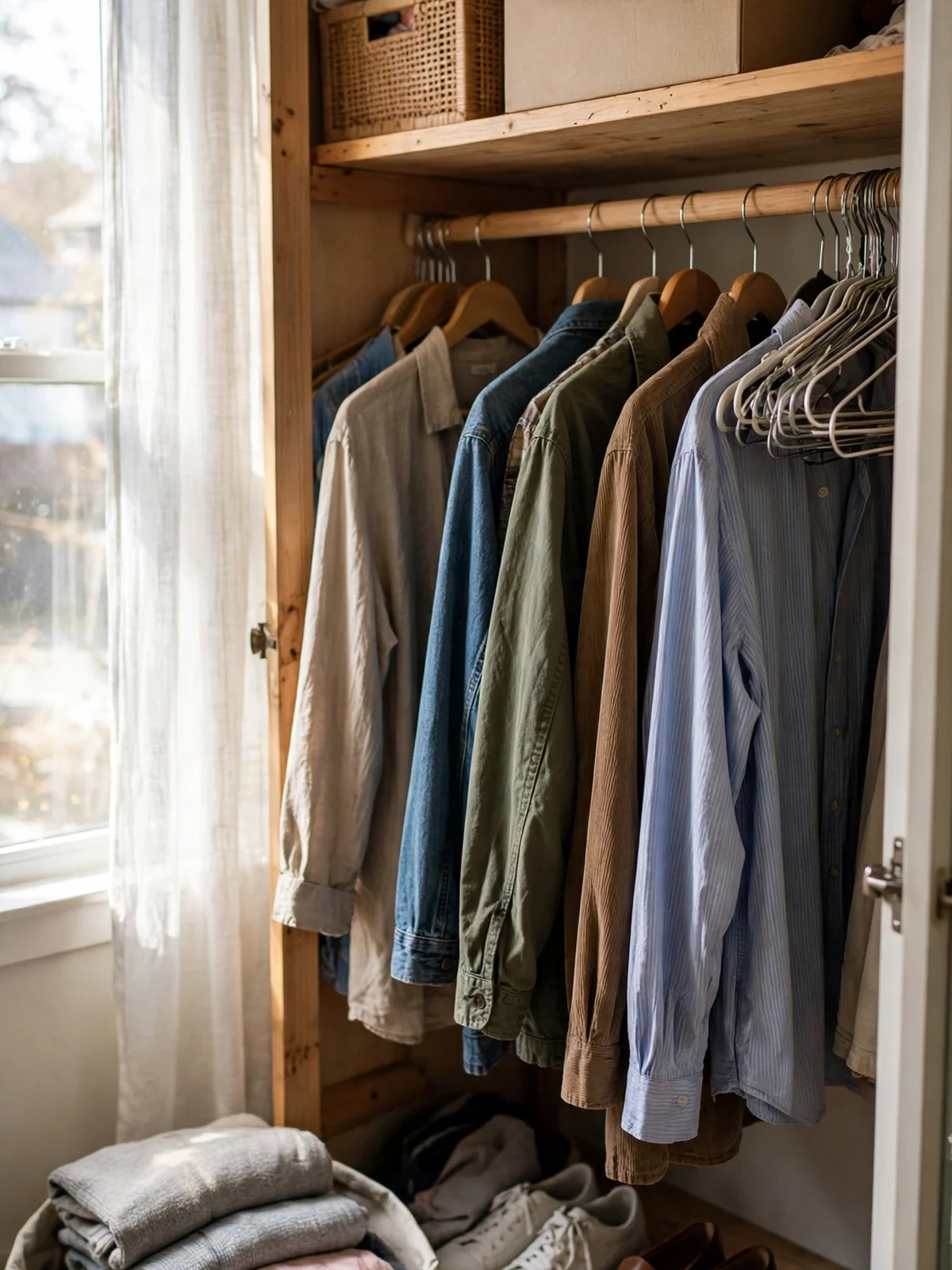 A closet during a declutter with hanging clothes spaced out on the rail, empty hangers grouped at one end, paired shoes below and a basket of folded clothes to donate