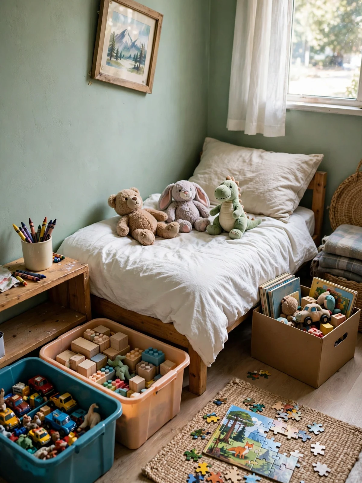 A cheerful kids' bedroom mid-declutter with two toy bins of favourites, a donation box of outgrown toys and books, stuffed animals on the bed and a puzzle in progress on the rug