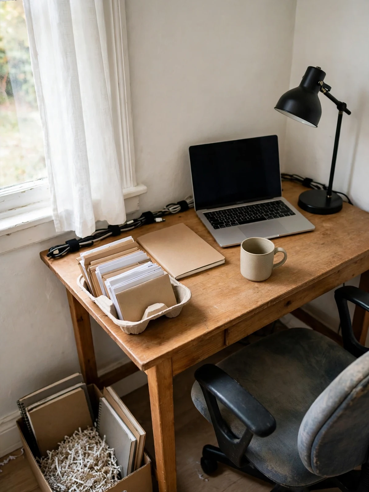 A small home office desk freshly decluttered with just a laptop, lamp, notebook and mug, a tray of sorted mail and a box of shredded paper and old notebooks underneath