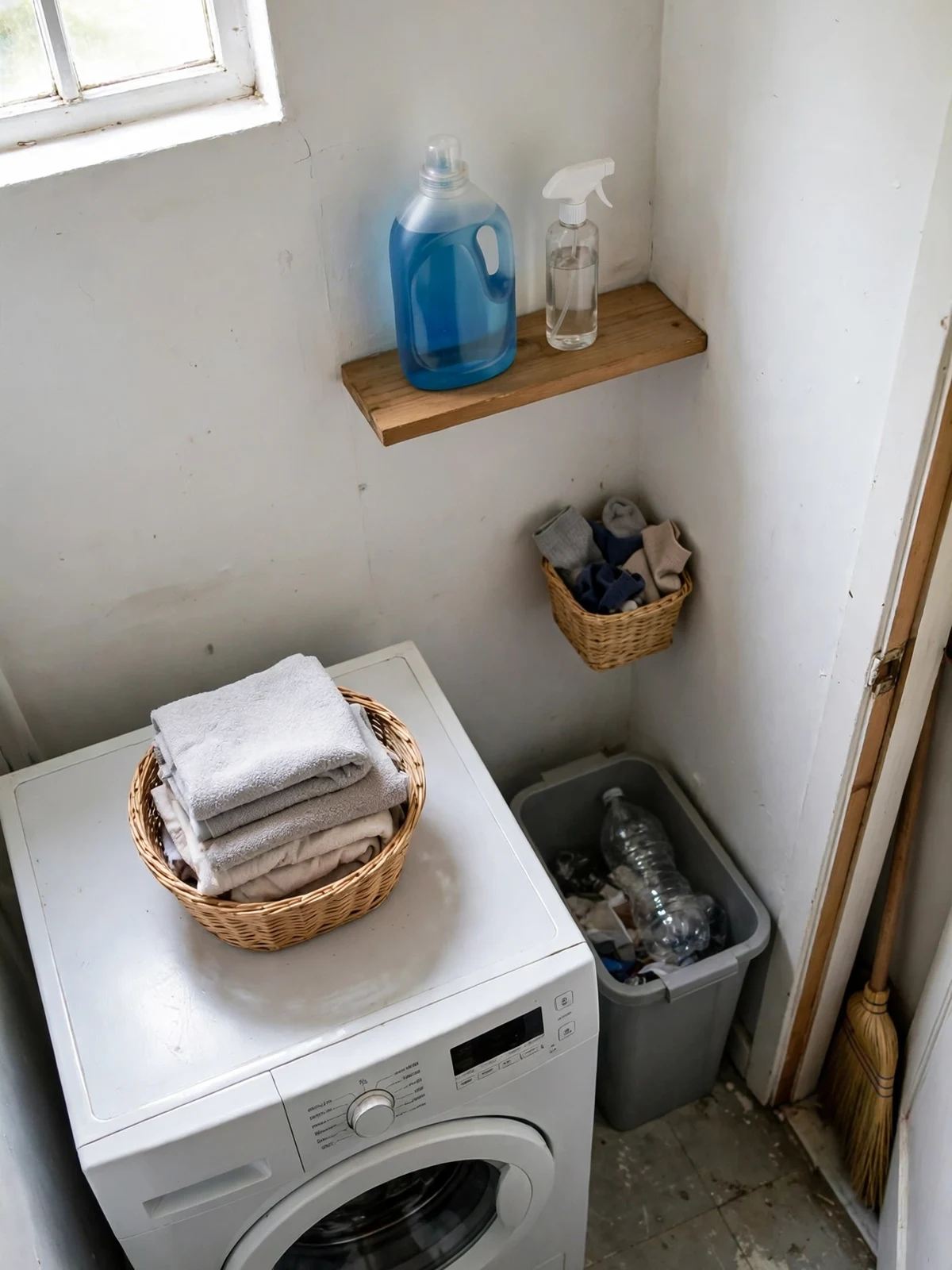 A compact laundry room after decluttering with a basket of folded towels on the washing machine, one detergent bottle and one spray on a shelf, a lost-and-found sock basket and a recycling bin