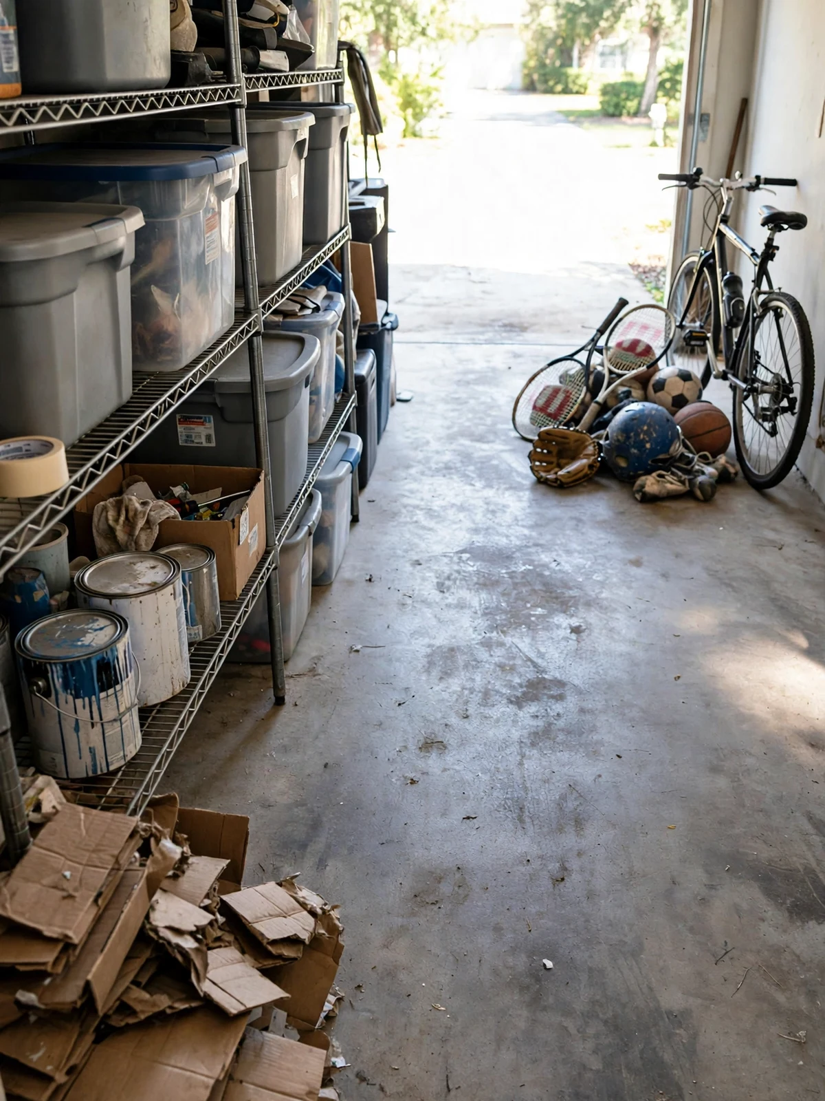 A garage mid-declutter with a clear swept path down the middle, storage bins and paint cans on shelves, a pile of broken-down cardboard for recycling and sports gear ready to donate