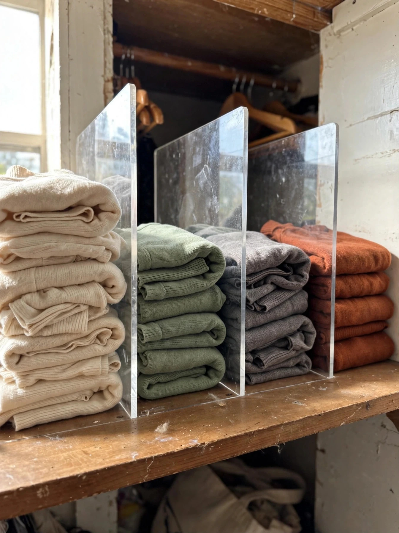 Closet shelf with clear dividers and labeled bins keeping folded clothes in neat stacks