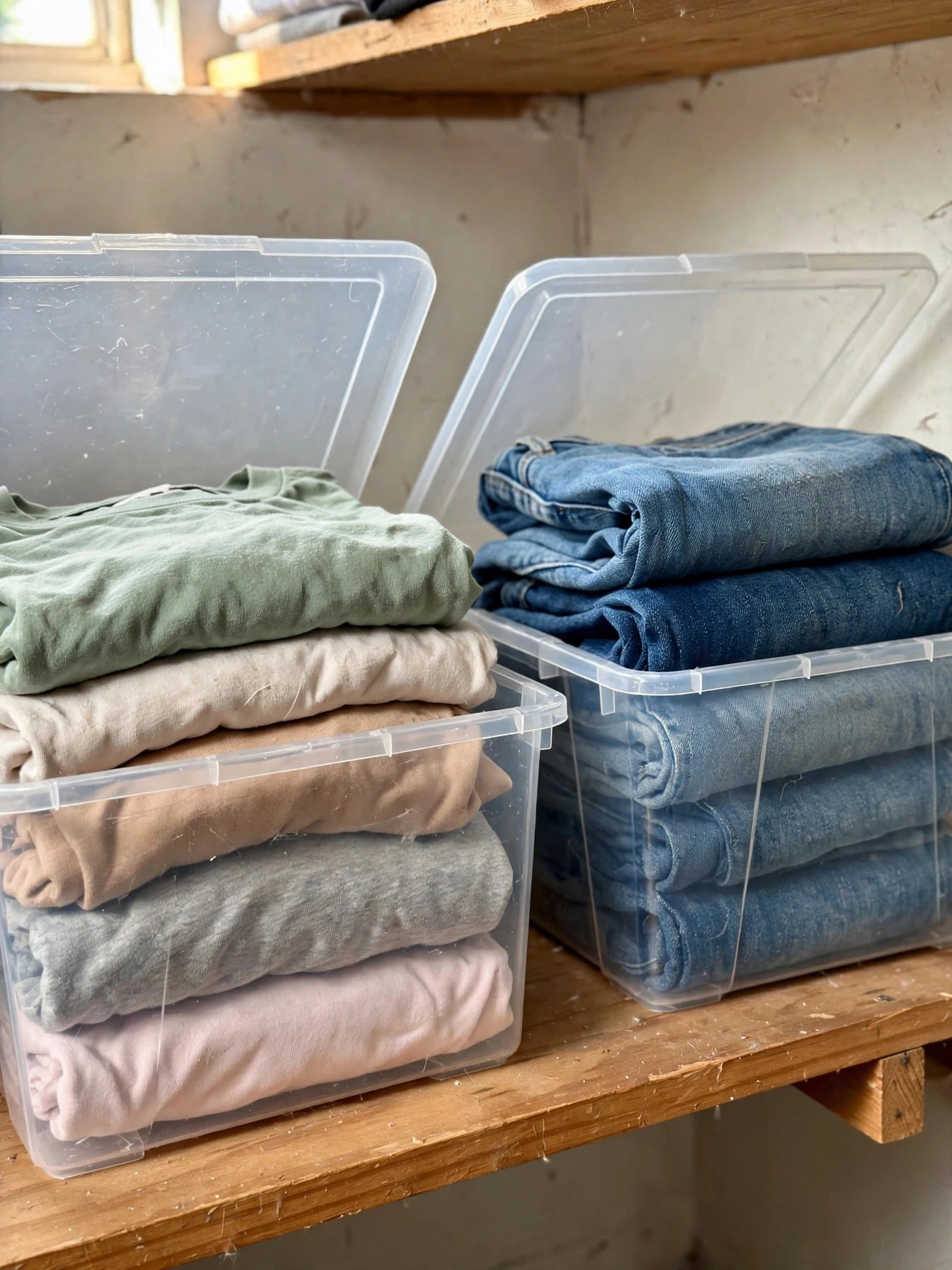 Closet shelf with clear dividers and labeled bins keeping folded clothes in neat stacks