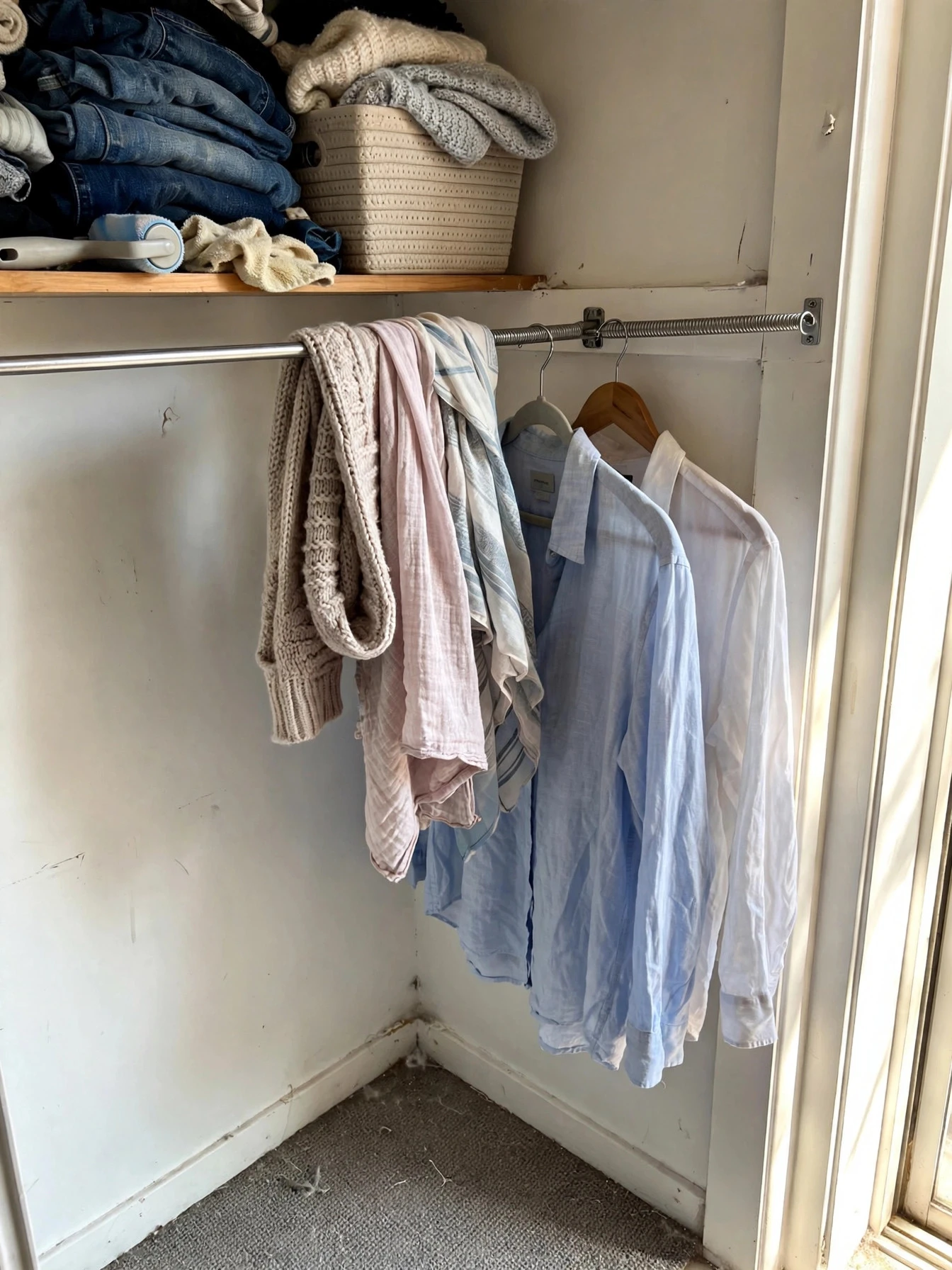 Small closet with two hanging rods installed one above the other to double hanging space