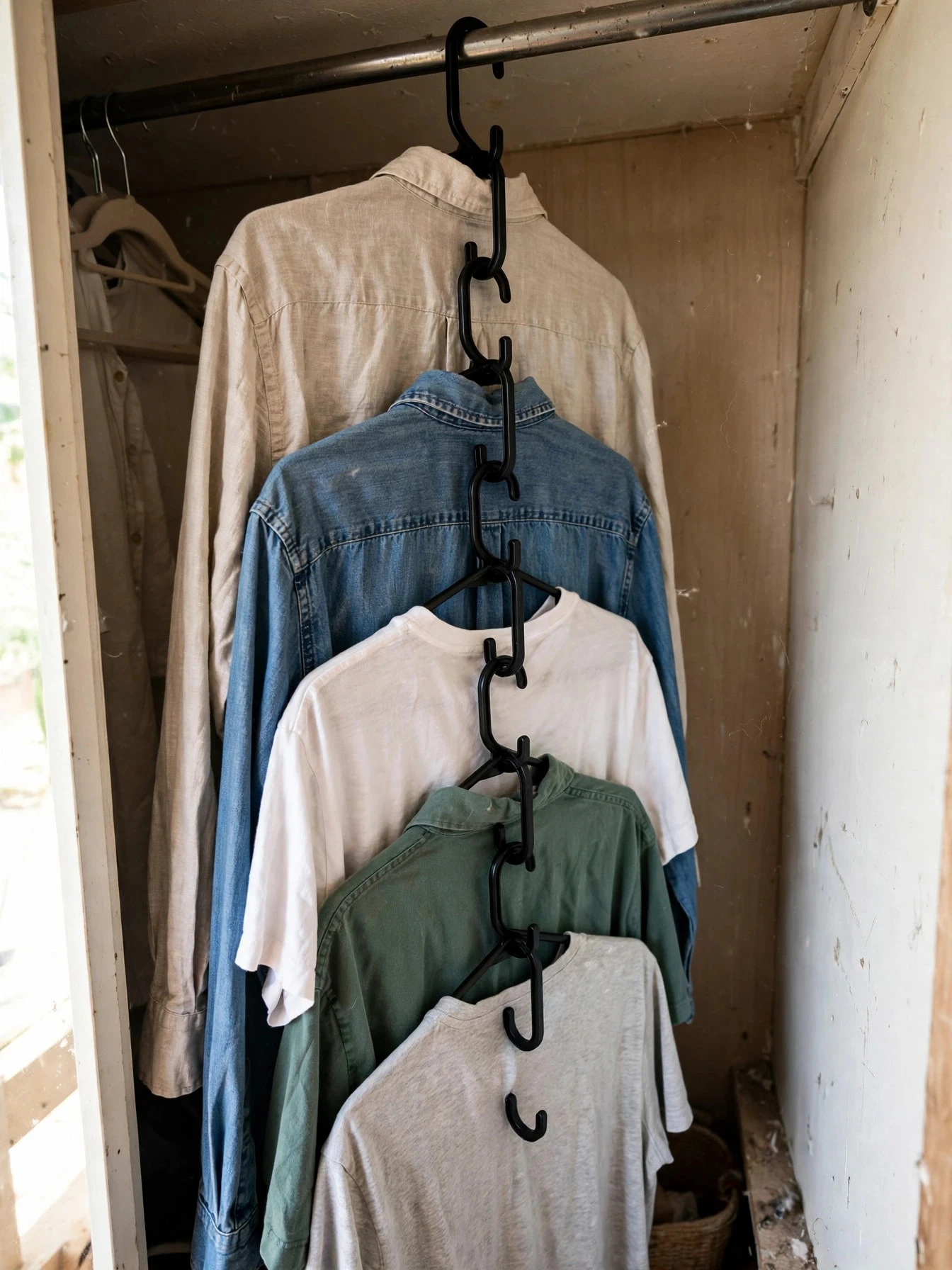 Row of slim velvet hangers holding shirts neatly on a closet rod