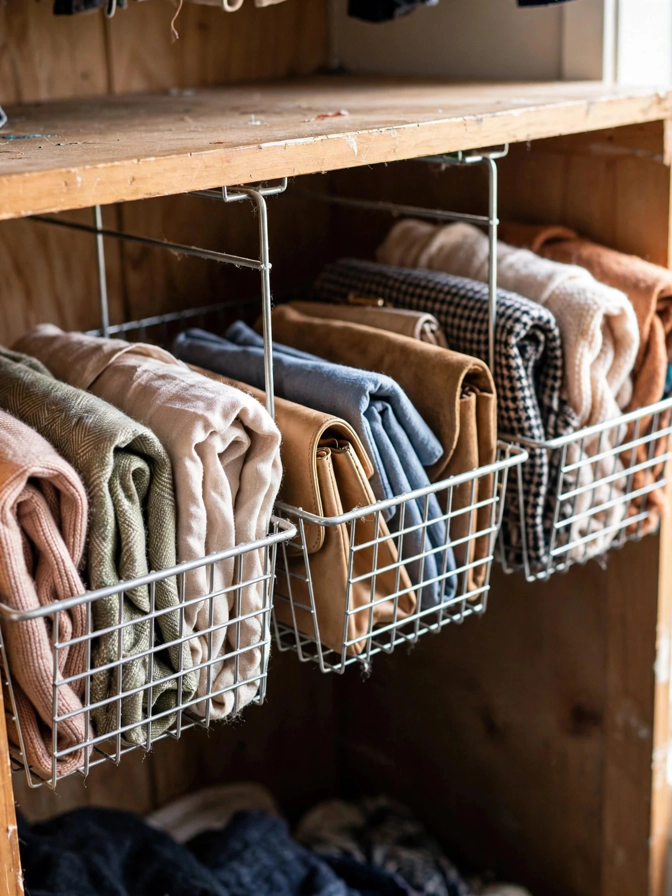 Closet shelf with clear dividers and labeled bins keeping folded clothes in neat stacks