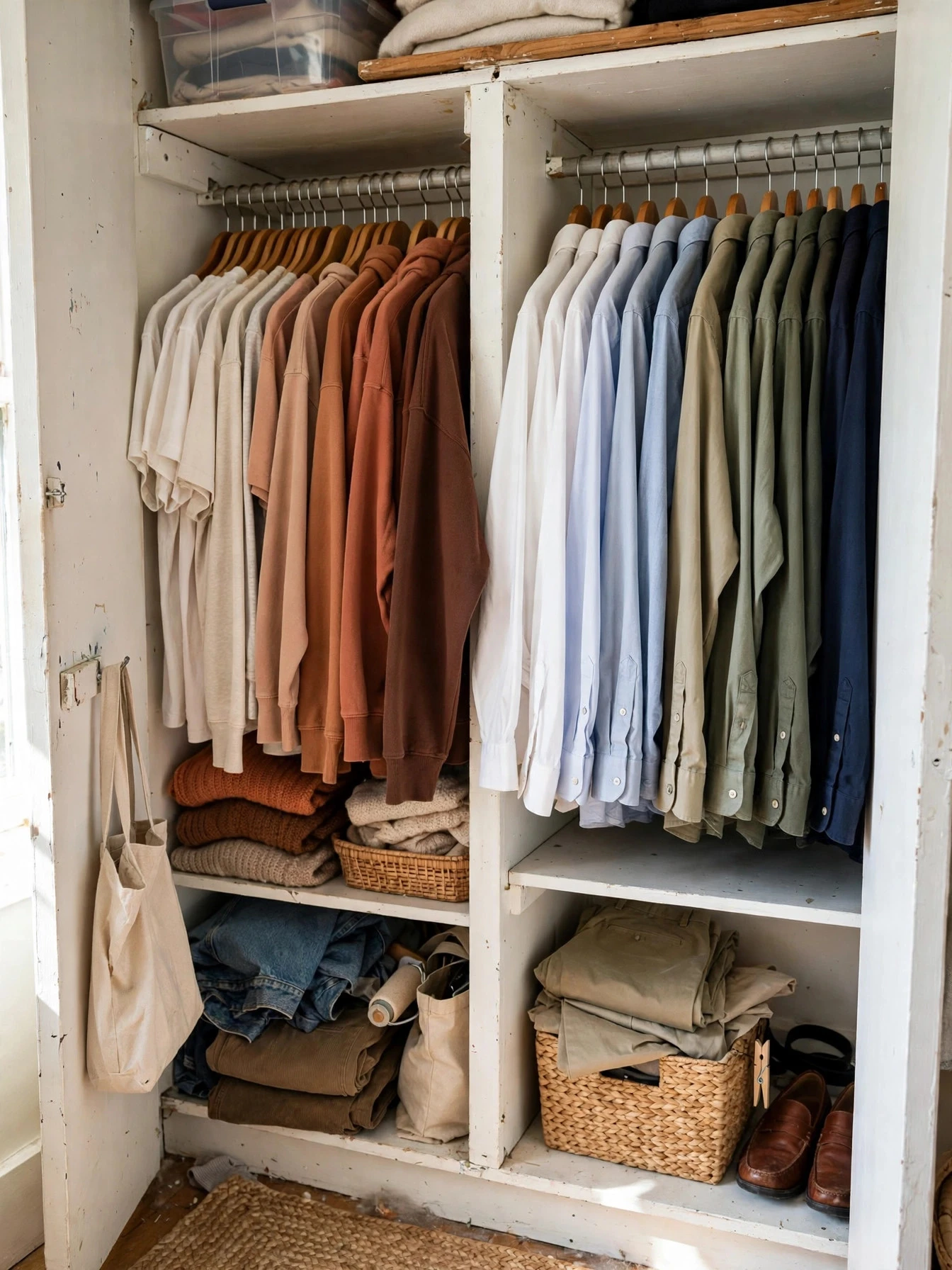 Row of slim velvet hangers holding shirts neatly on a closet rod