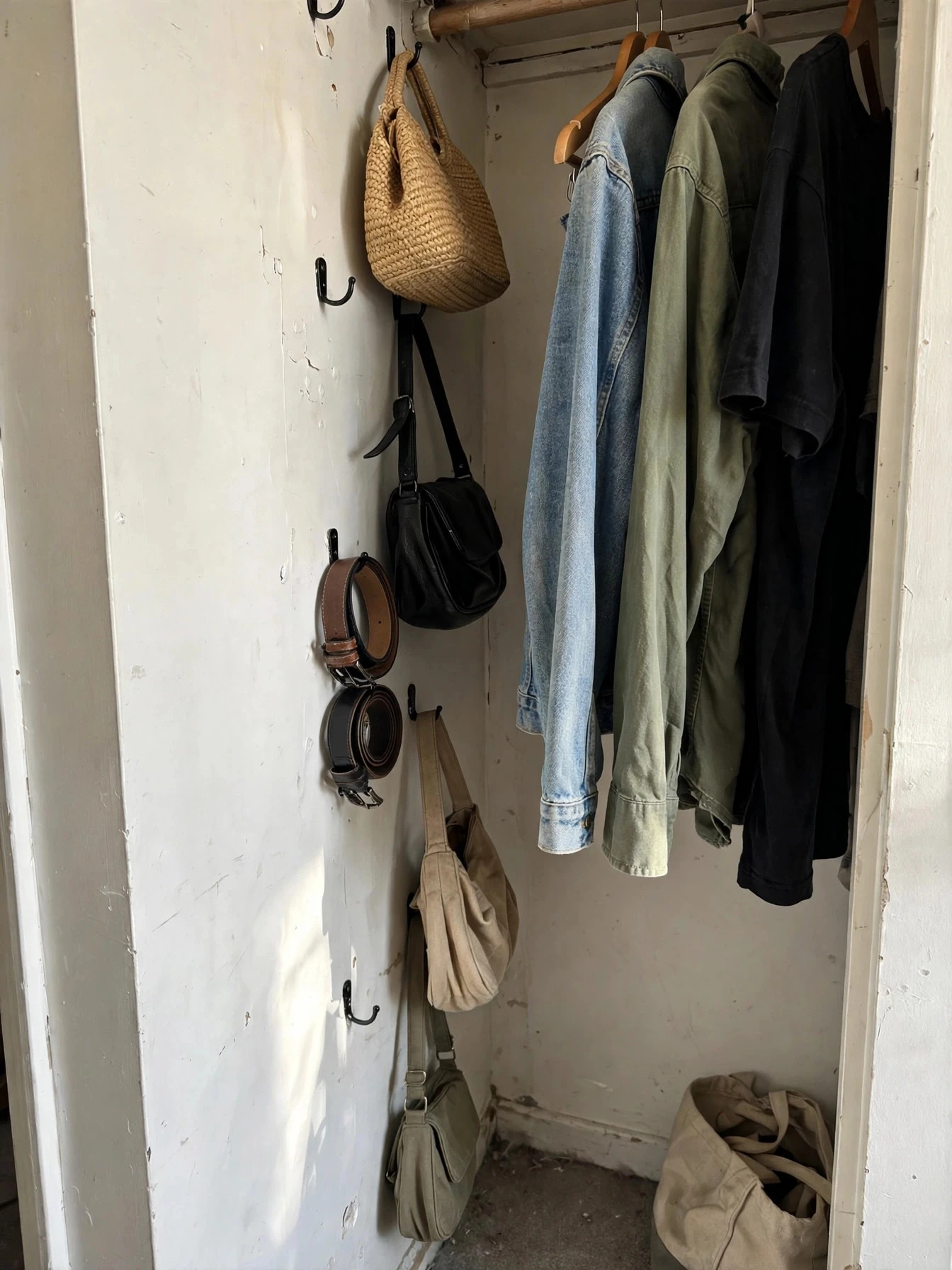 Over-the-door organizer on a closet door holding shoes and accessories in clear pockets