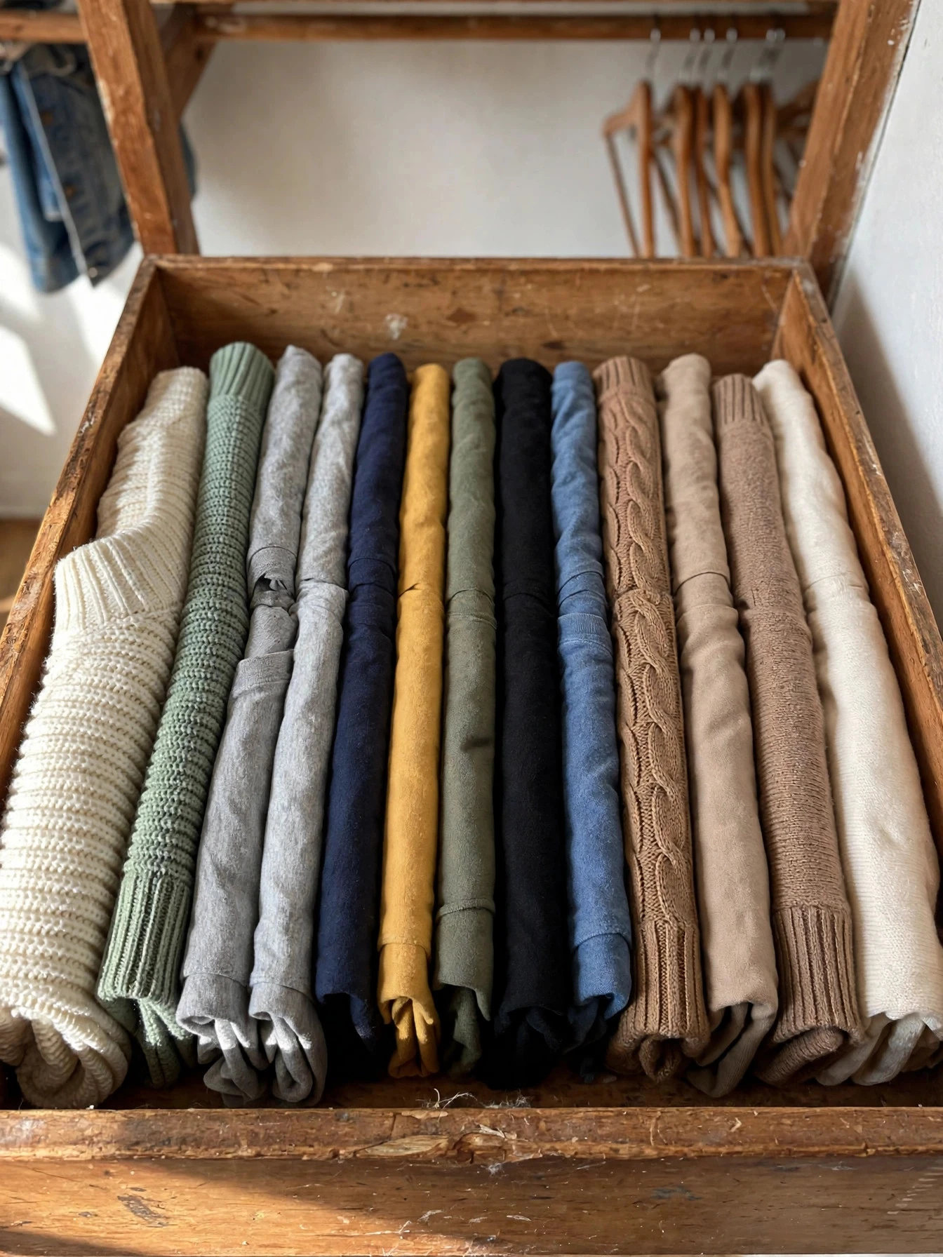 Closet shelf with clear dividers and labeled bins keeping folded clothes in neat stacks