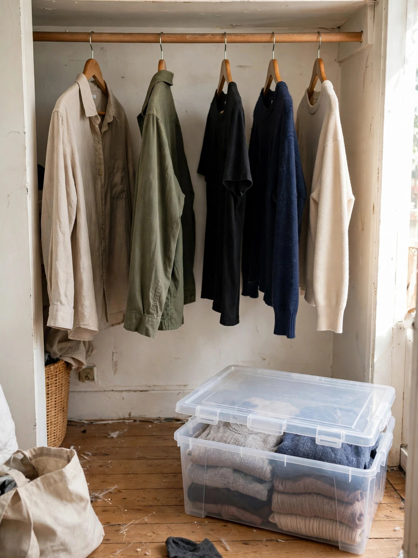 Row of slim velvet hangers holding shirts neatly on a closet rod