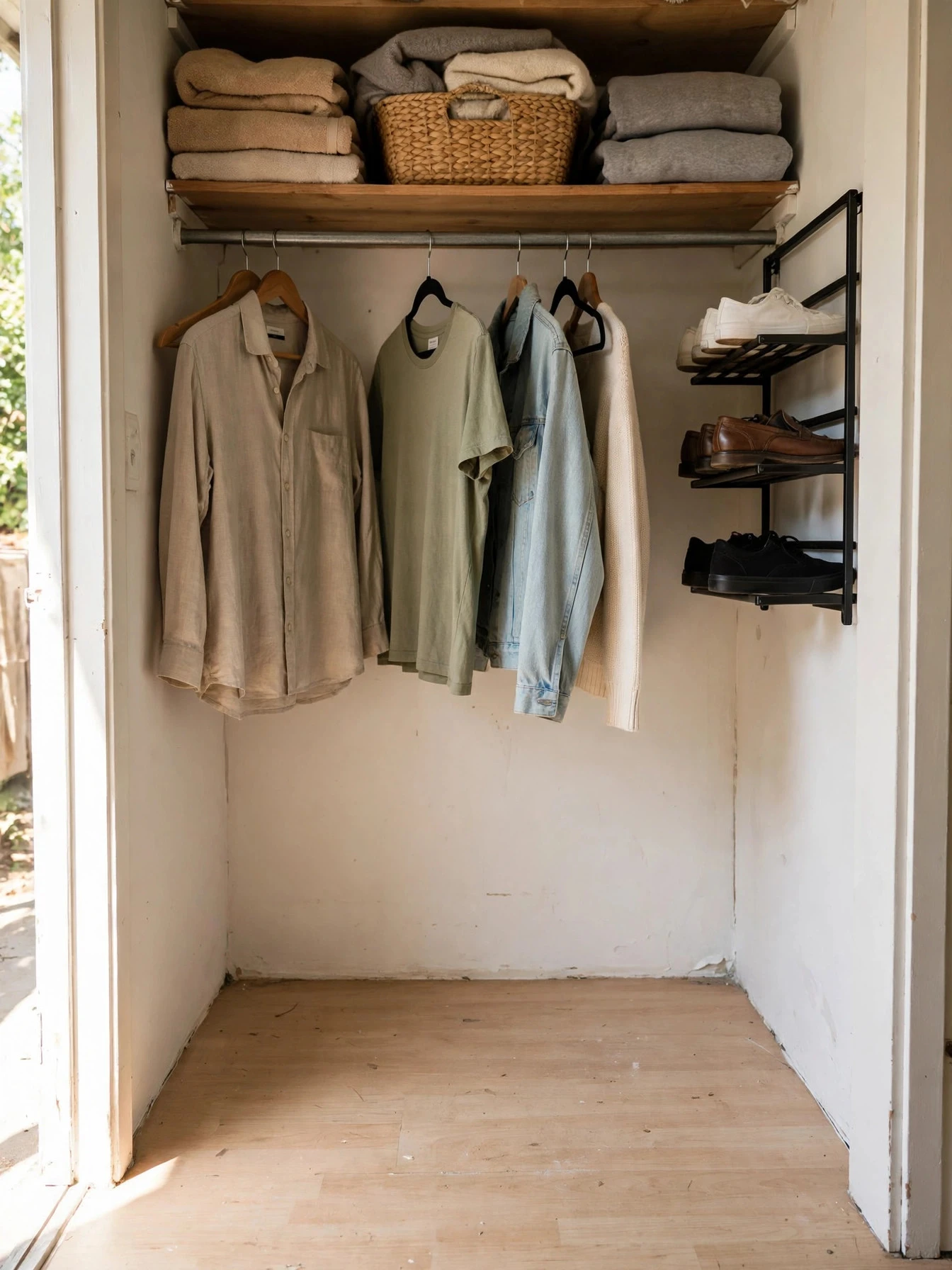 Bright, neatly organized small closet with color-coordinated clothes and tidy shelves