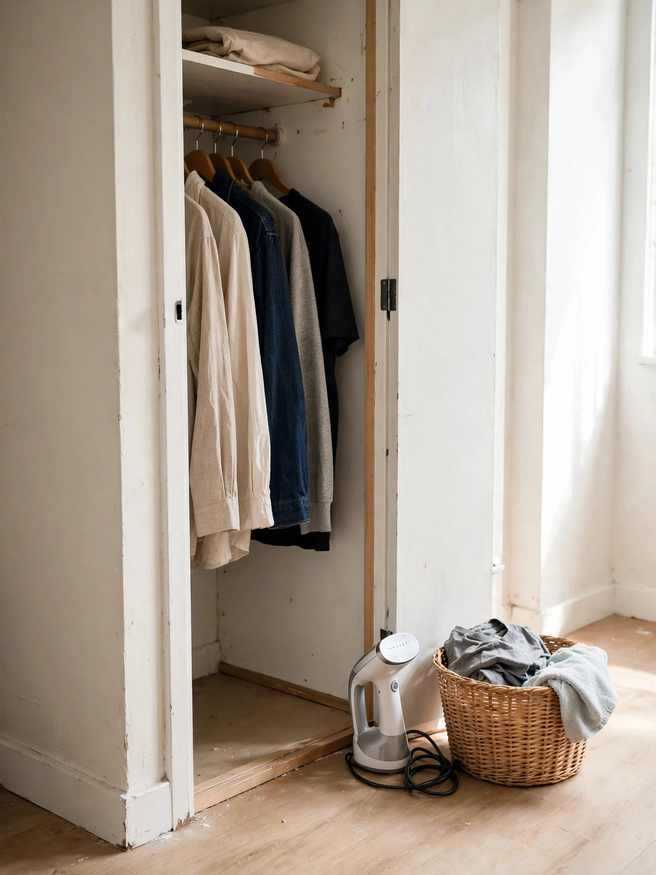 Bright, neatly organized small closet with color-coordinated clothes and tidy shelves