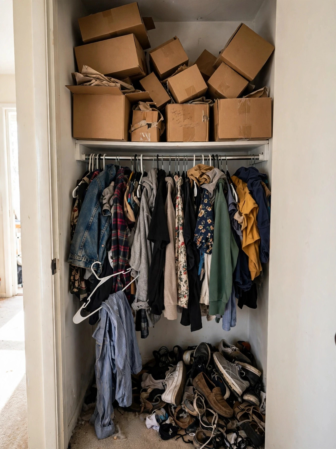 Messy overcrowded small closet with clothes crammed on a single rod before organizing