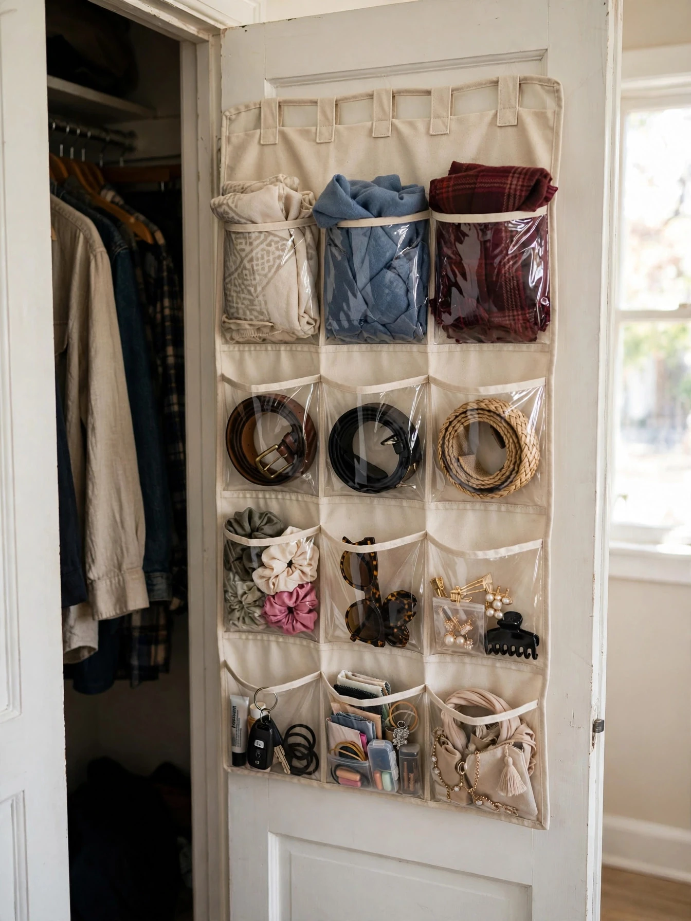 Over-the-door organizer on a closet door holding shoes and accessories in clear pockets