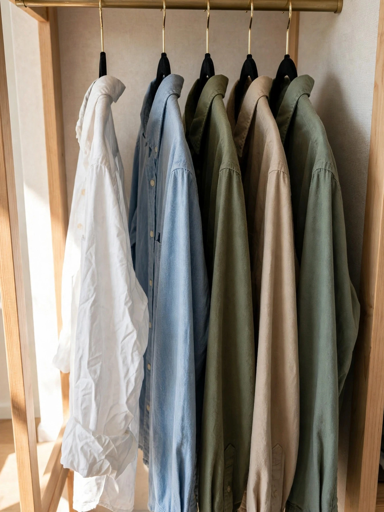 Row of slim velvet hangers holding shirts neatly on a closet rod