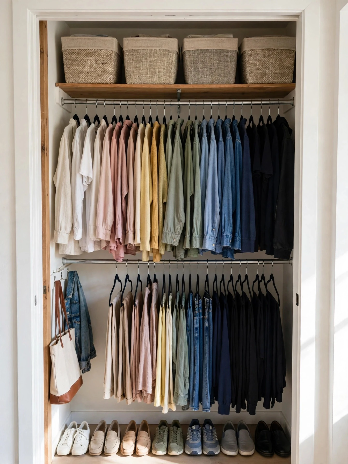 Bright, neatly organized small closet with color-coordinated clothes and tidy shelves