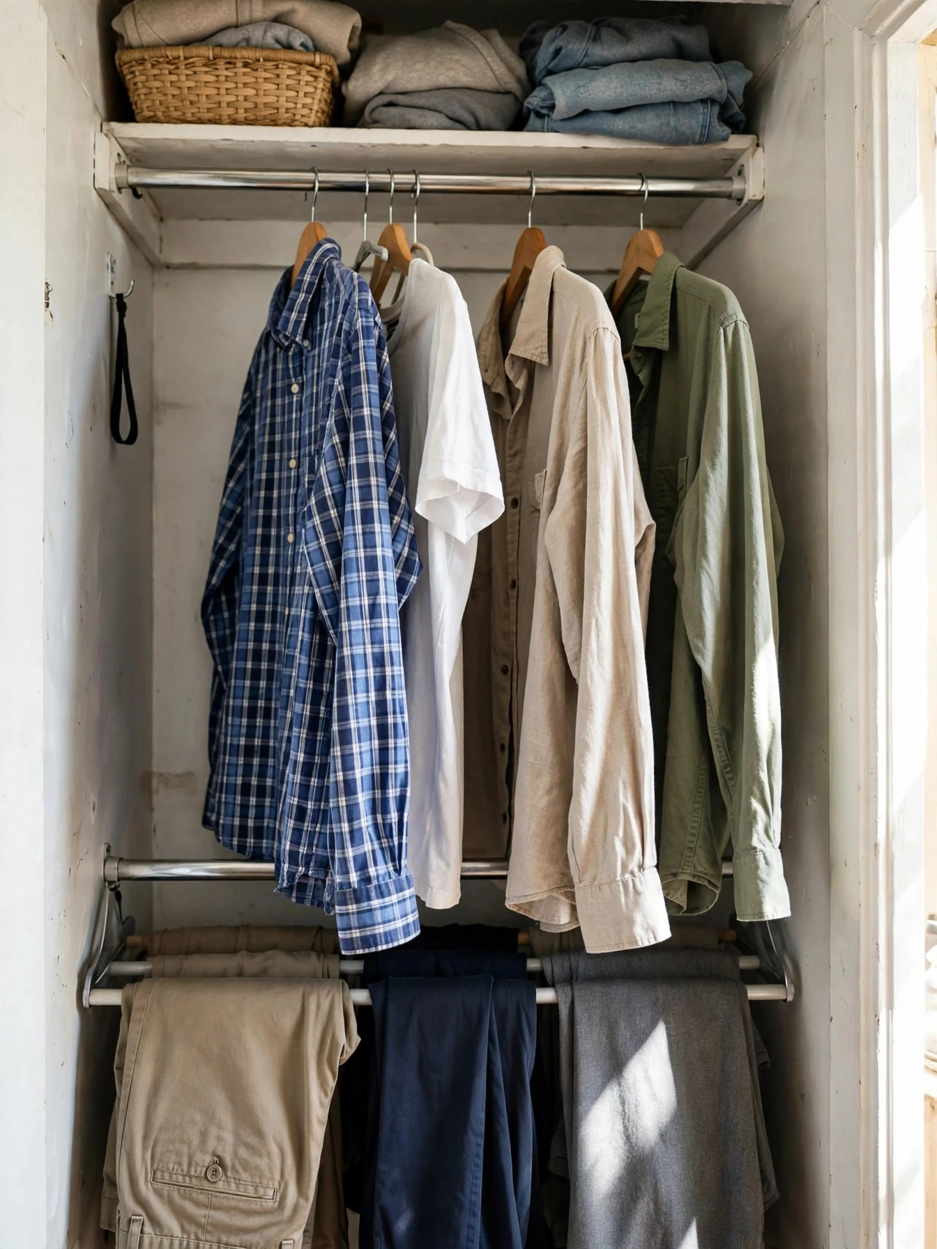 Small closet with two hanging rods installed one above the other to double hanging space