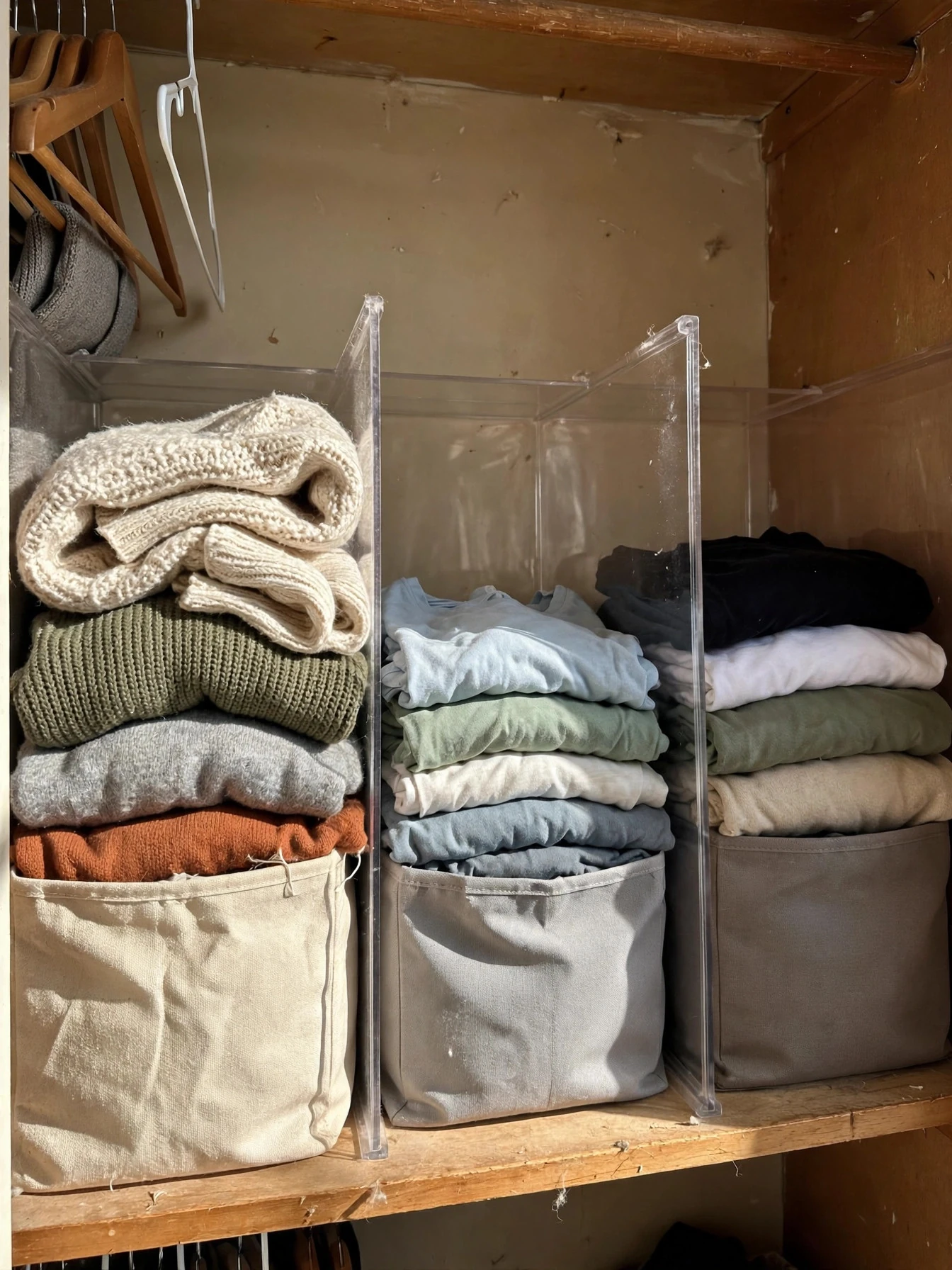 Closet shelf with clear dividers and labeled bins keeping folded clothes in neat stacks