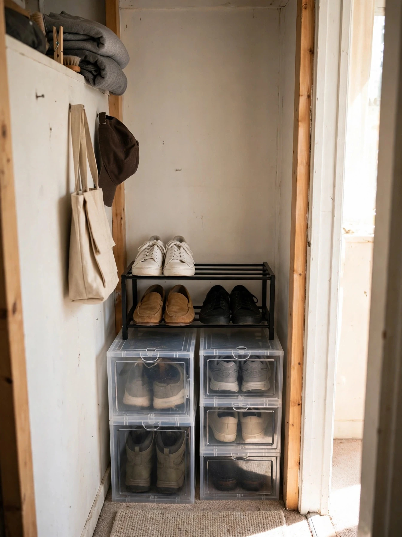 Compact shoe storage in a small closet with pairs arranged in stackable boxes and a low rack