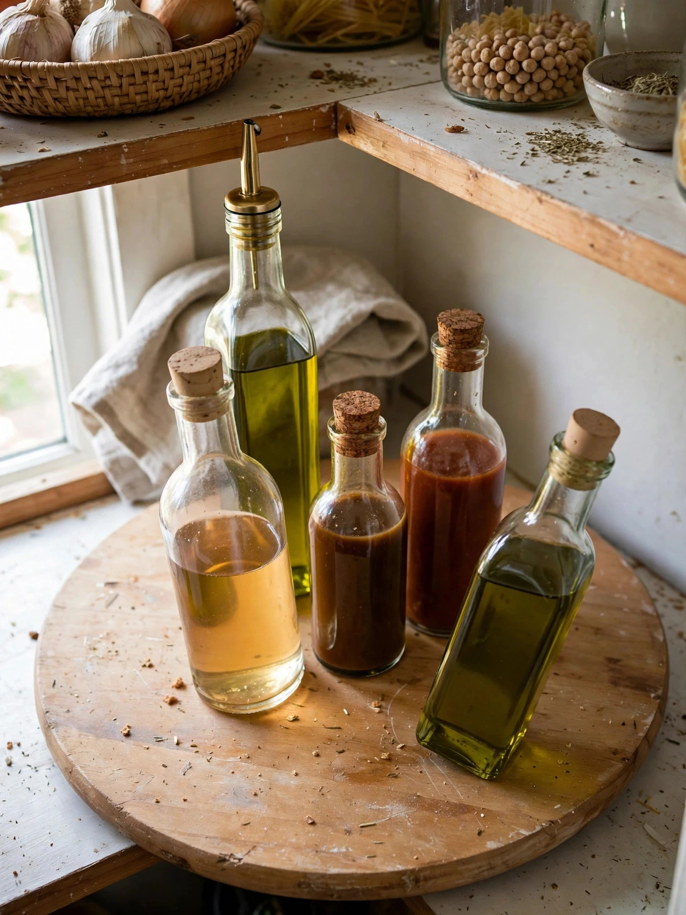 Pantry staples decanted into uniform airtight glass canisters on a shelf