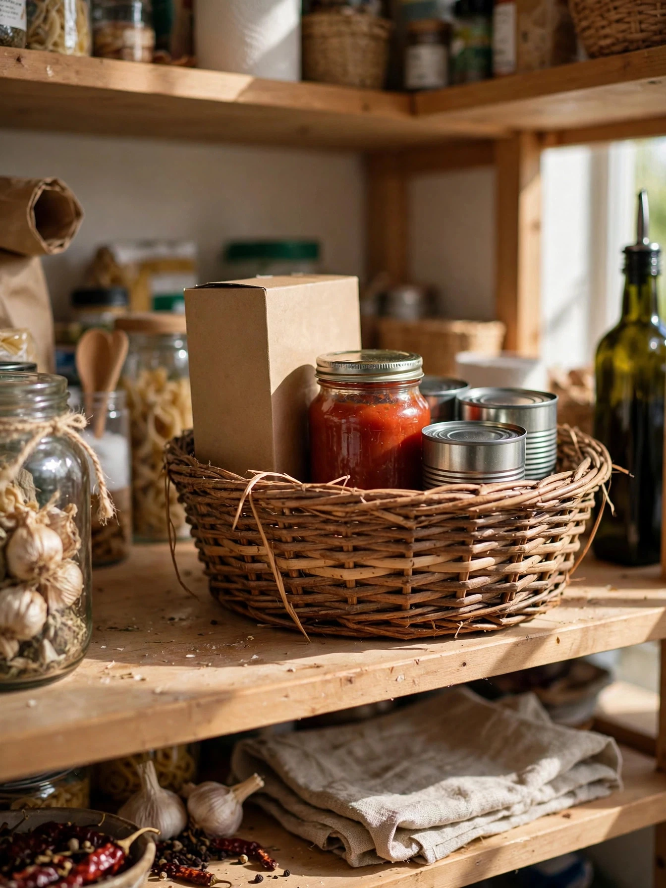 Woven baskets and clear bins organizing snacks and ingredients in a small pantry