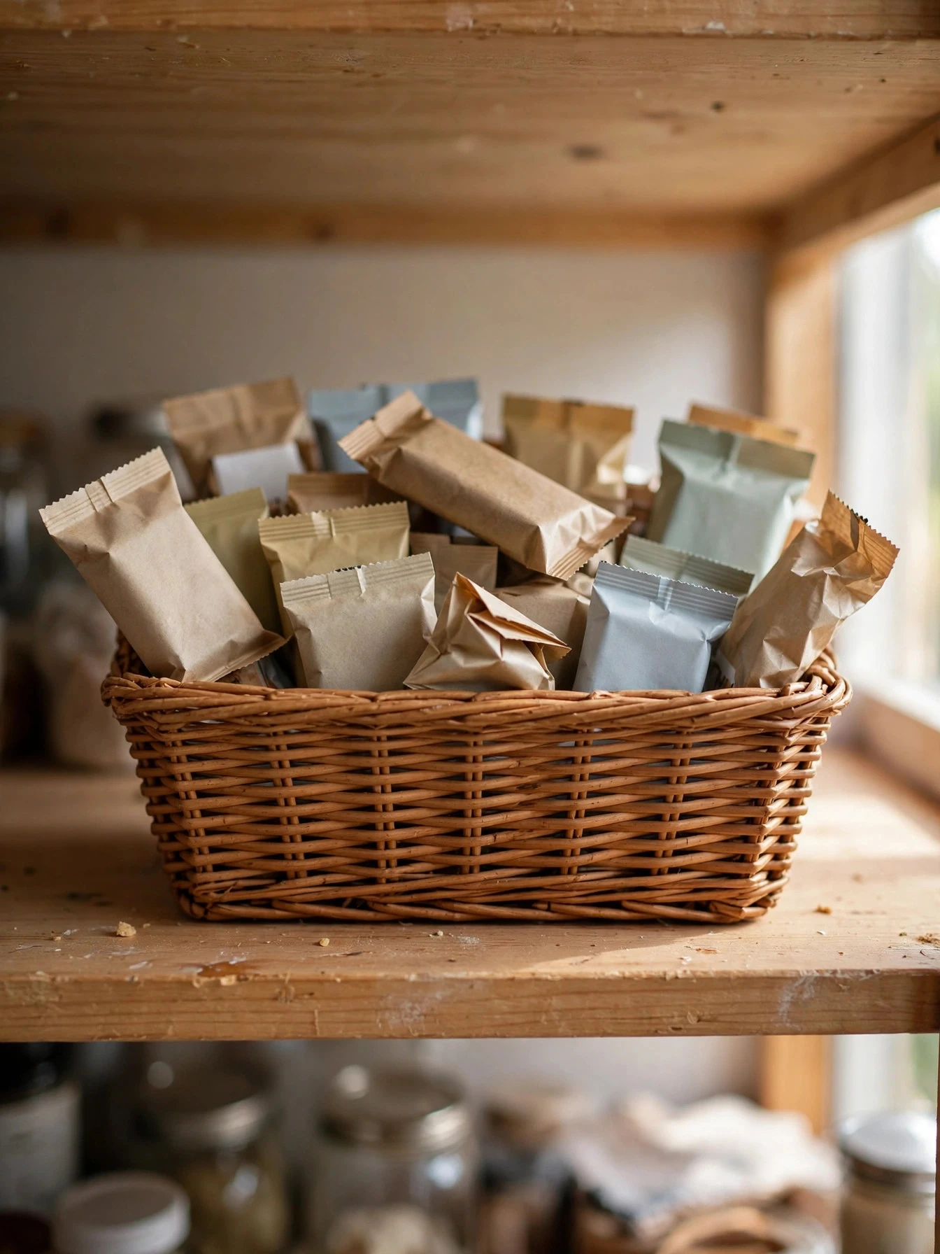 Woven baskets and clear bins organizing snacks and ingredients in a small pantry