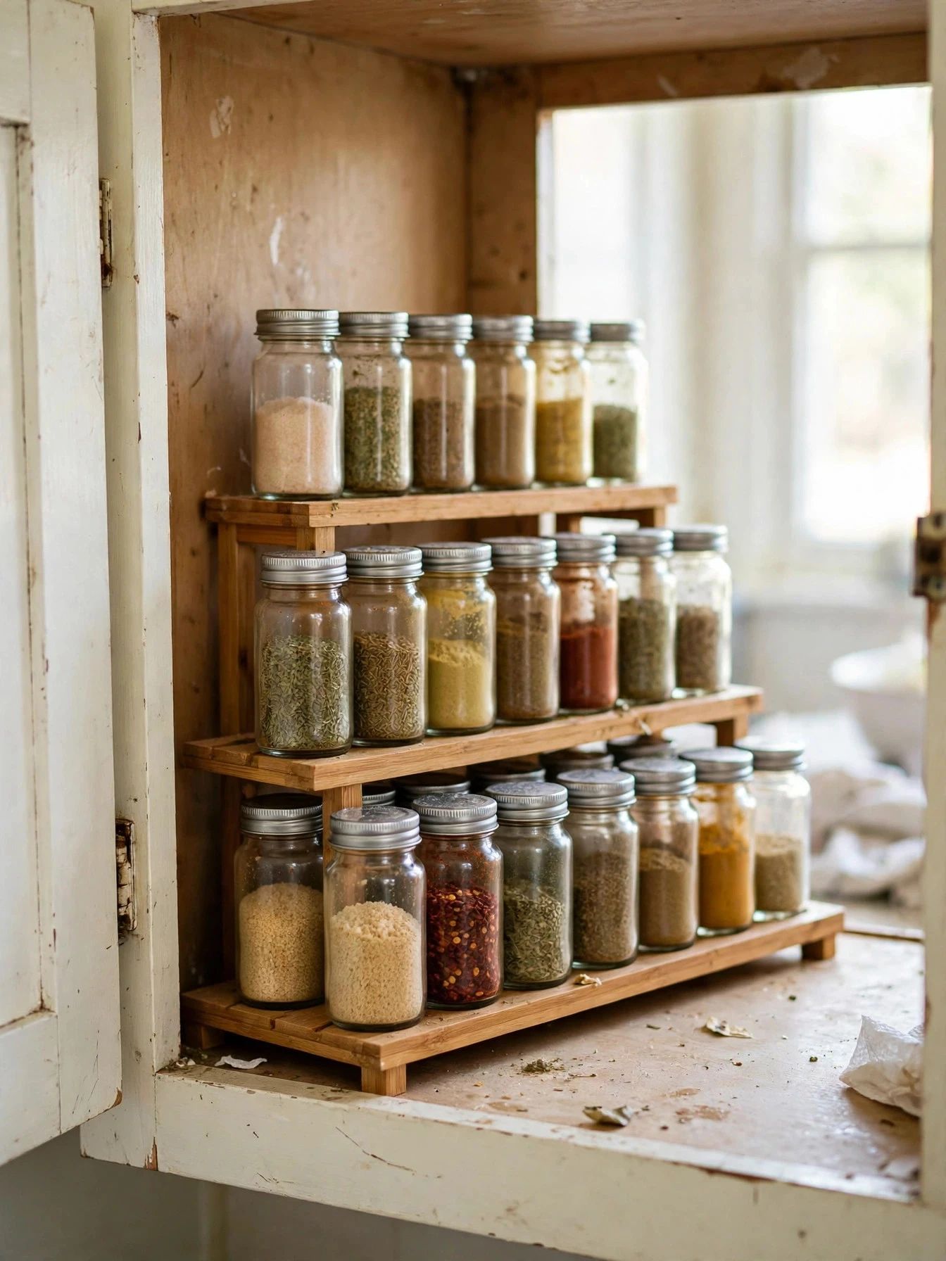 Over-door pantry rack holding spices, jars and packets on the back of a pantry door