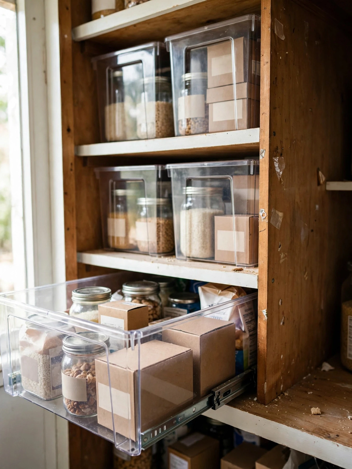 Woven baskets and clear bins organizing snacks and ingredients in a small pantry