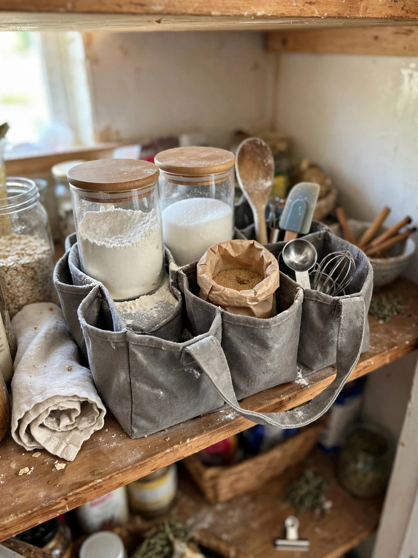 Pantry staples decanted into uniform airtight glass canisters on a shelf