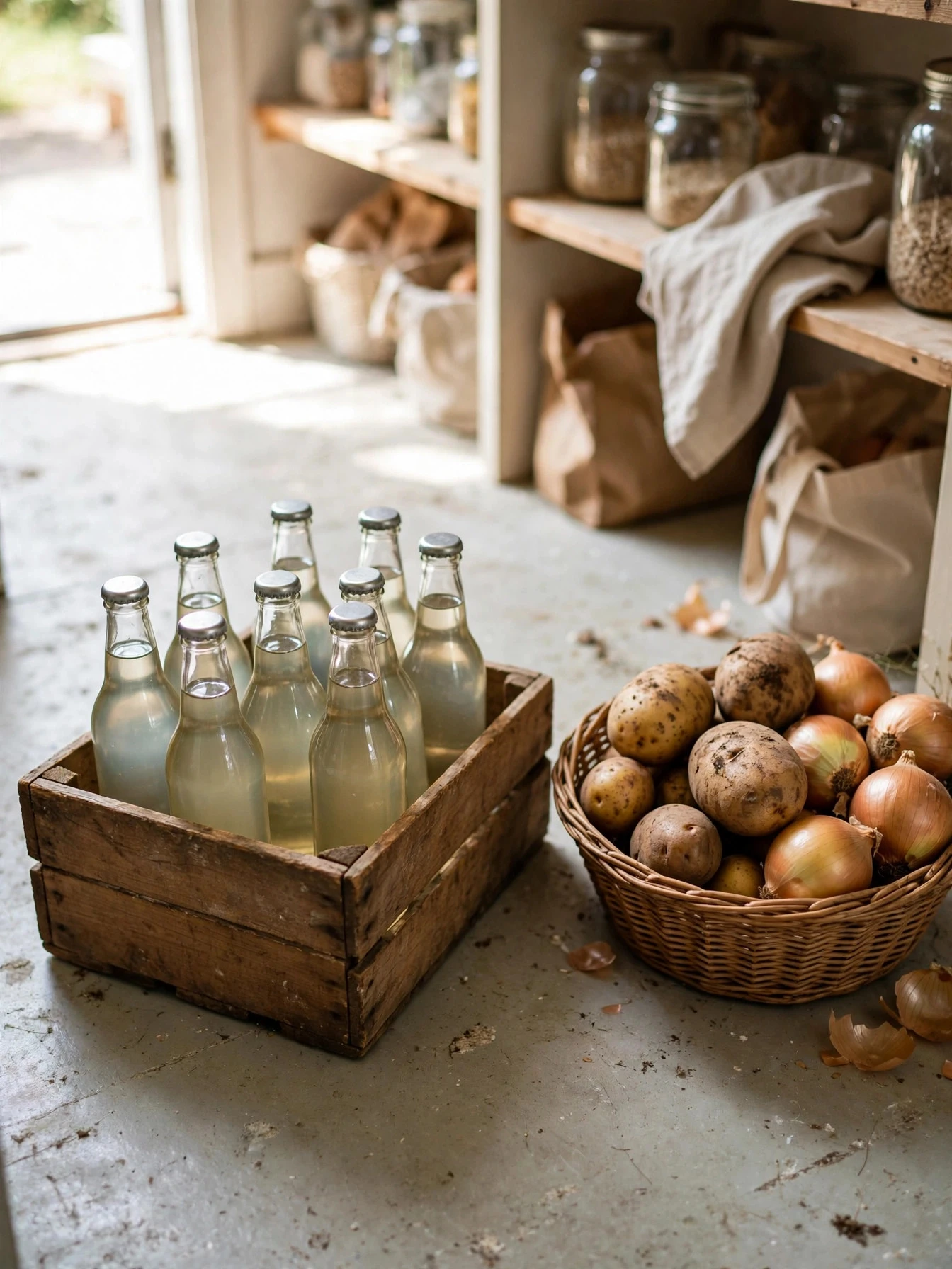 Woven baskets and clear bins organizing snacks and ingredients in a small pantry