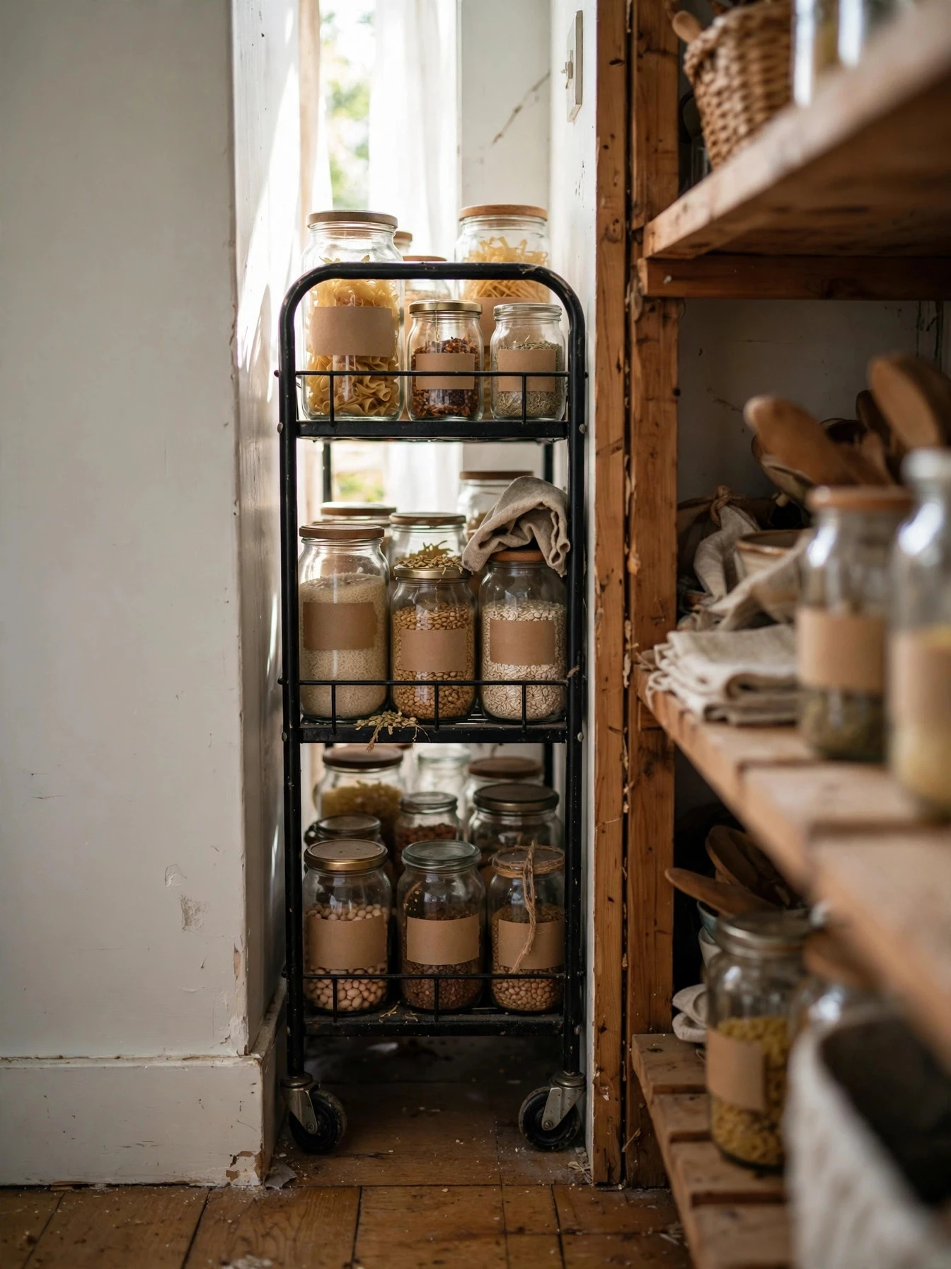 Small pantry organized with clear canisters, baskets and labeled shelves making every inch count