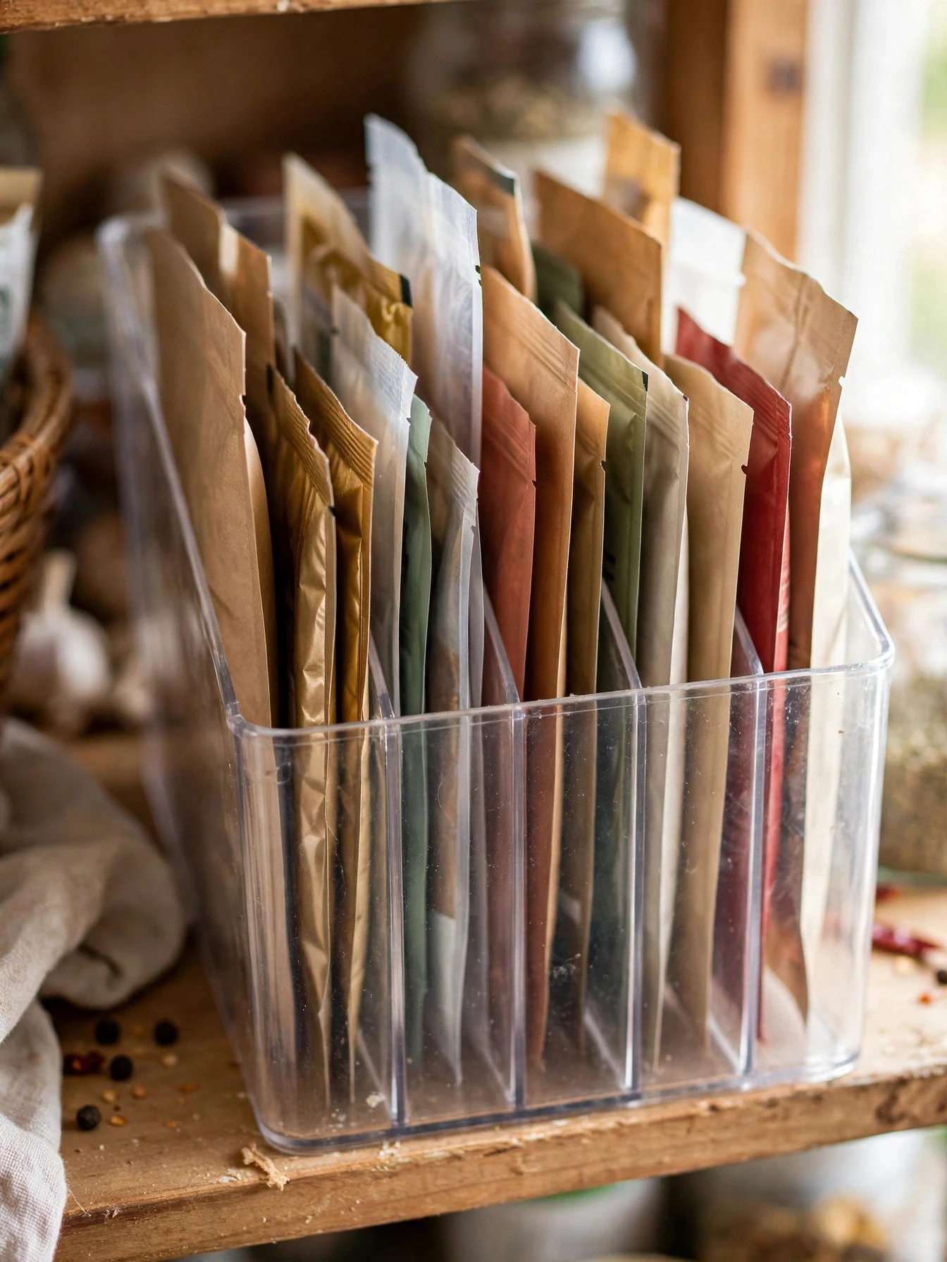 Labeled pantry containers and bins with handwritten chalk labels