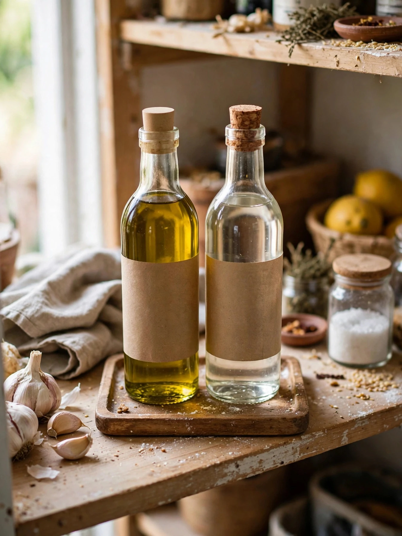 Pantry staples decanted into uniform airtight glass canisters on a shelf