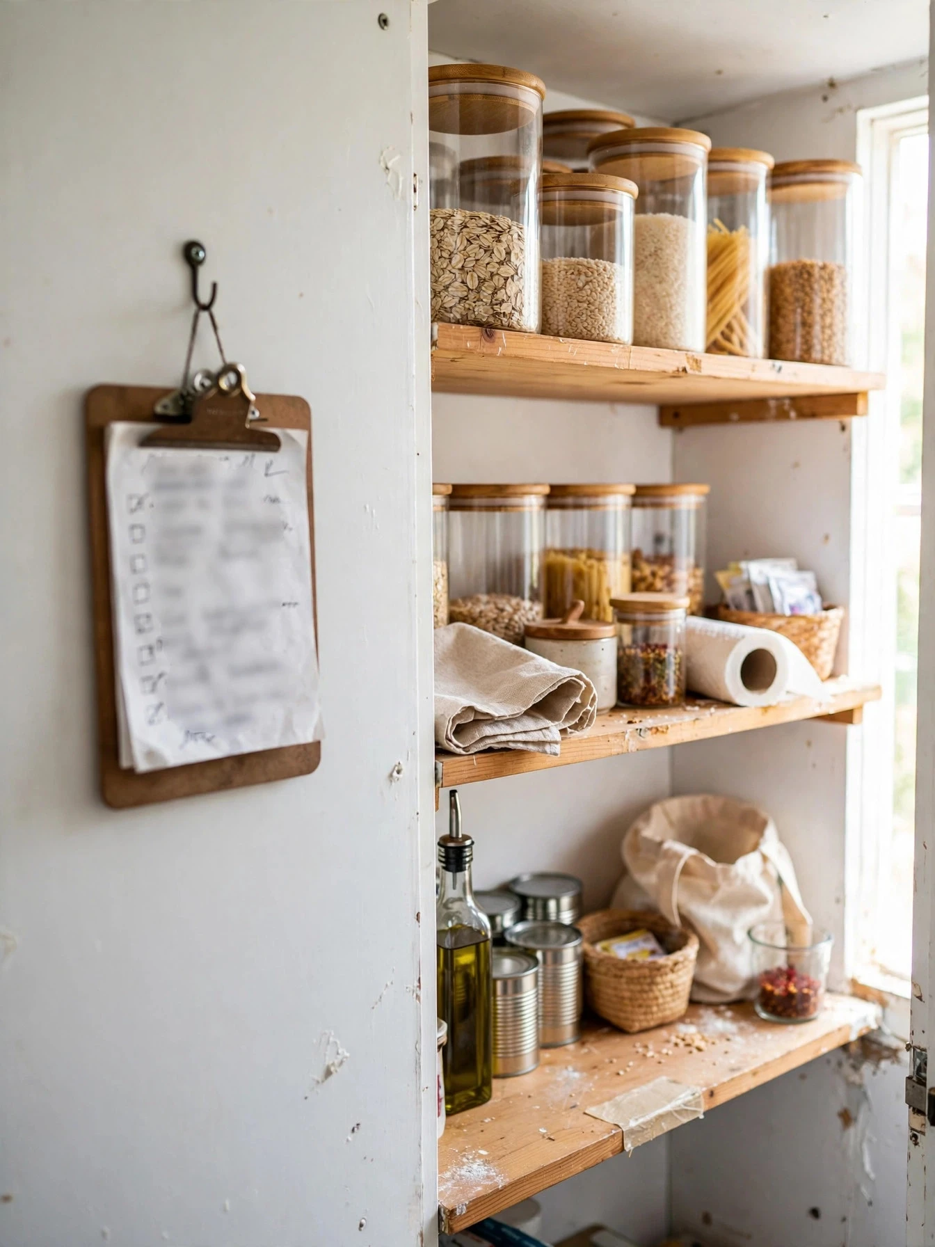 Labeled pantry containers and bins with handwritten chalk labels