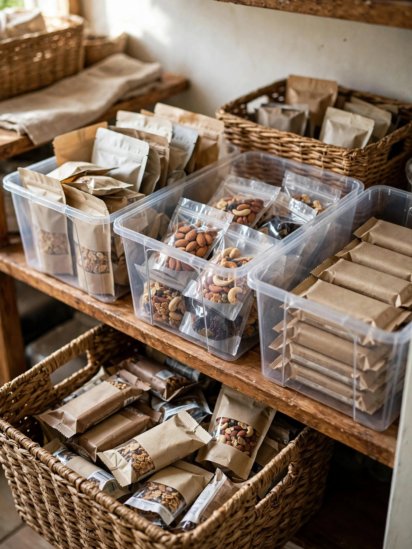 Woven baskets and clear bins organizing snacks and ingredients in a small pantry