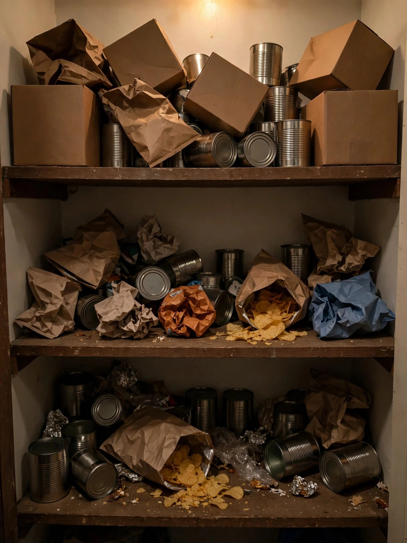 Messy small pantry with cluttered, overstuffed shelves before organizing