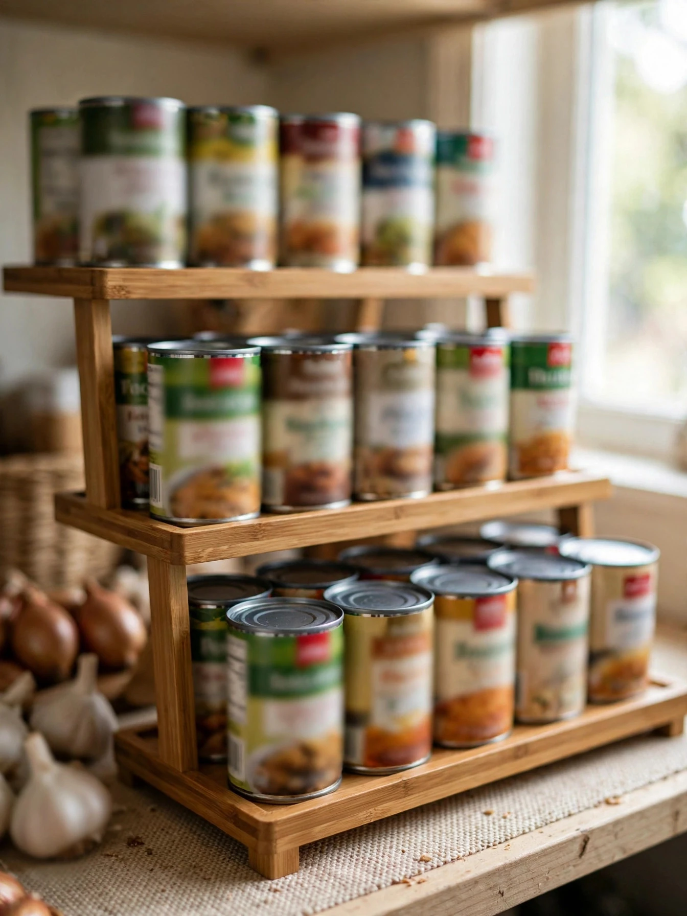 Canned goods arranged on tiered shelf risers so every label is visible