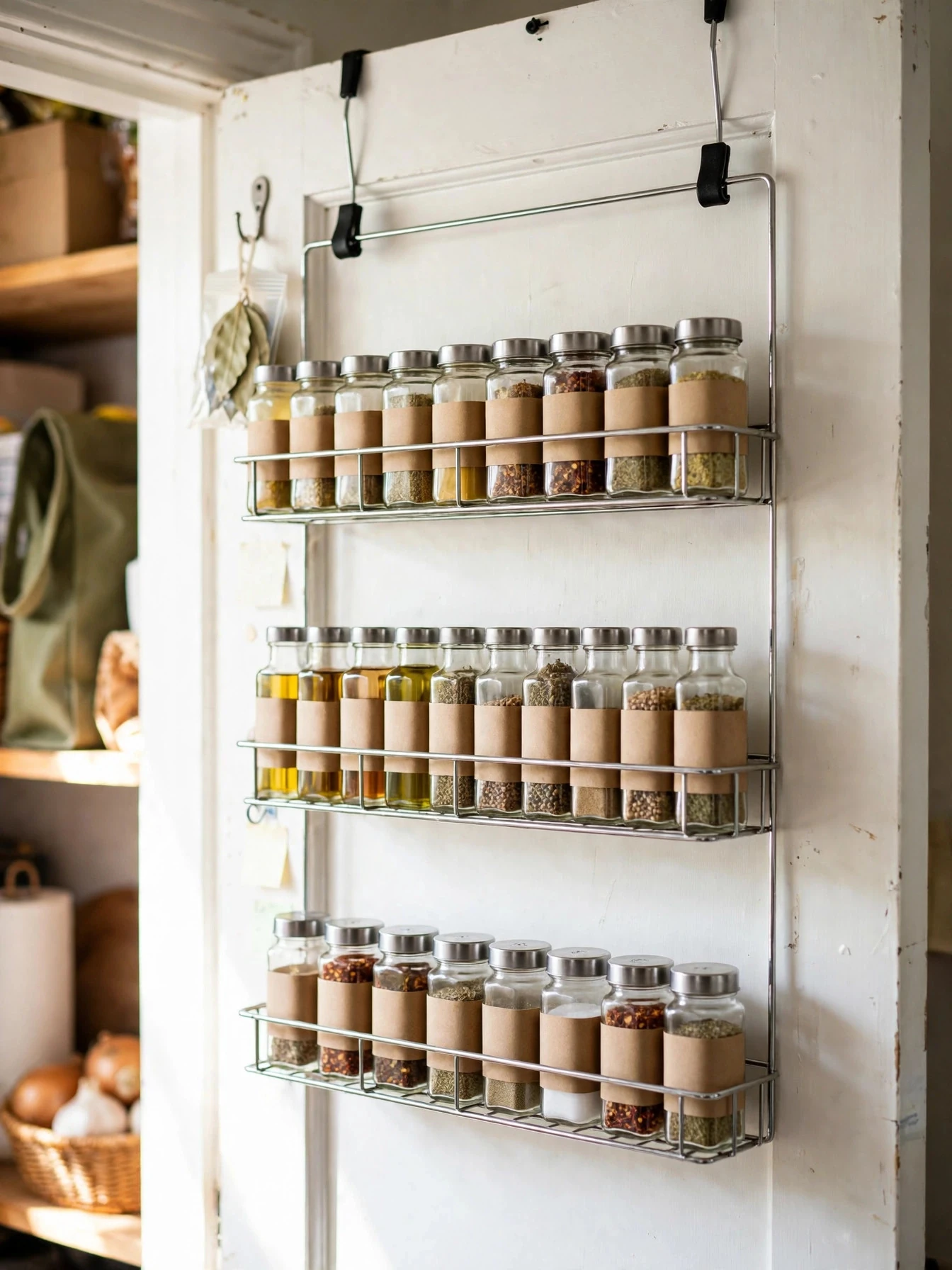 Over-door pantry rack holding spices, jars and packets on the back of a pantry door