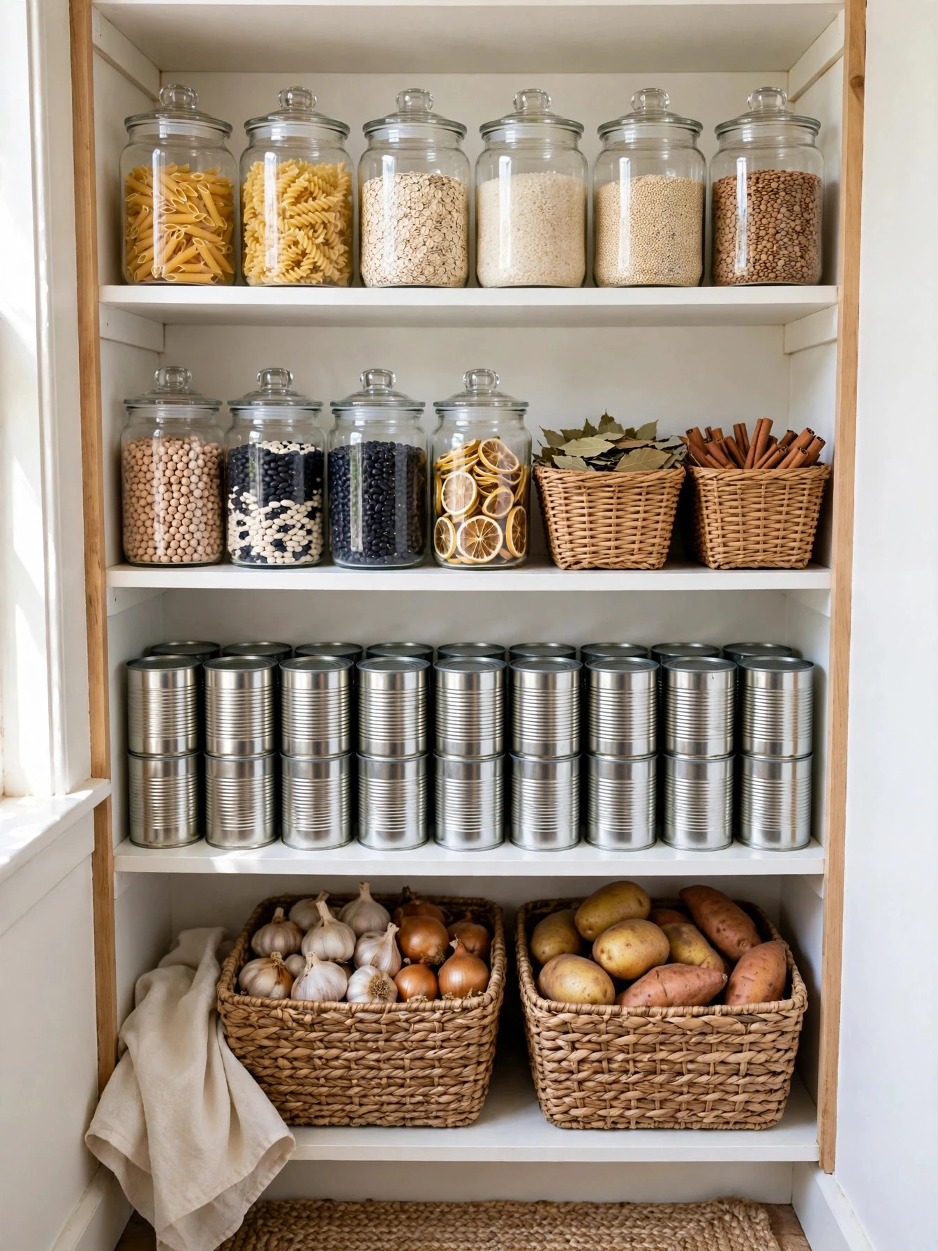 Small pantry organized with clear canisters, baskets and labeled shelves making every inch count