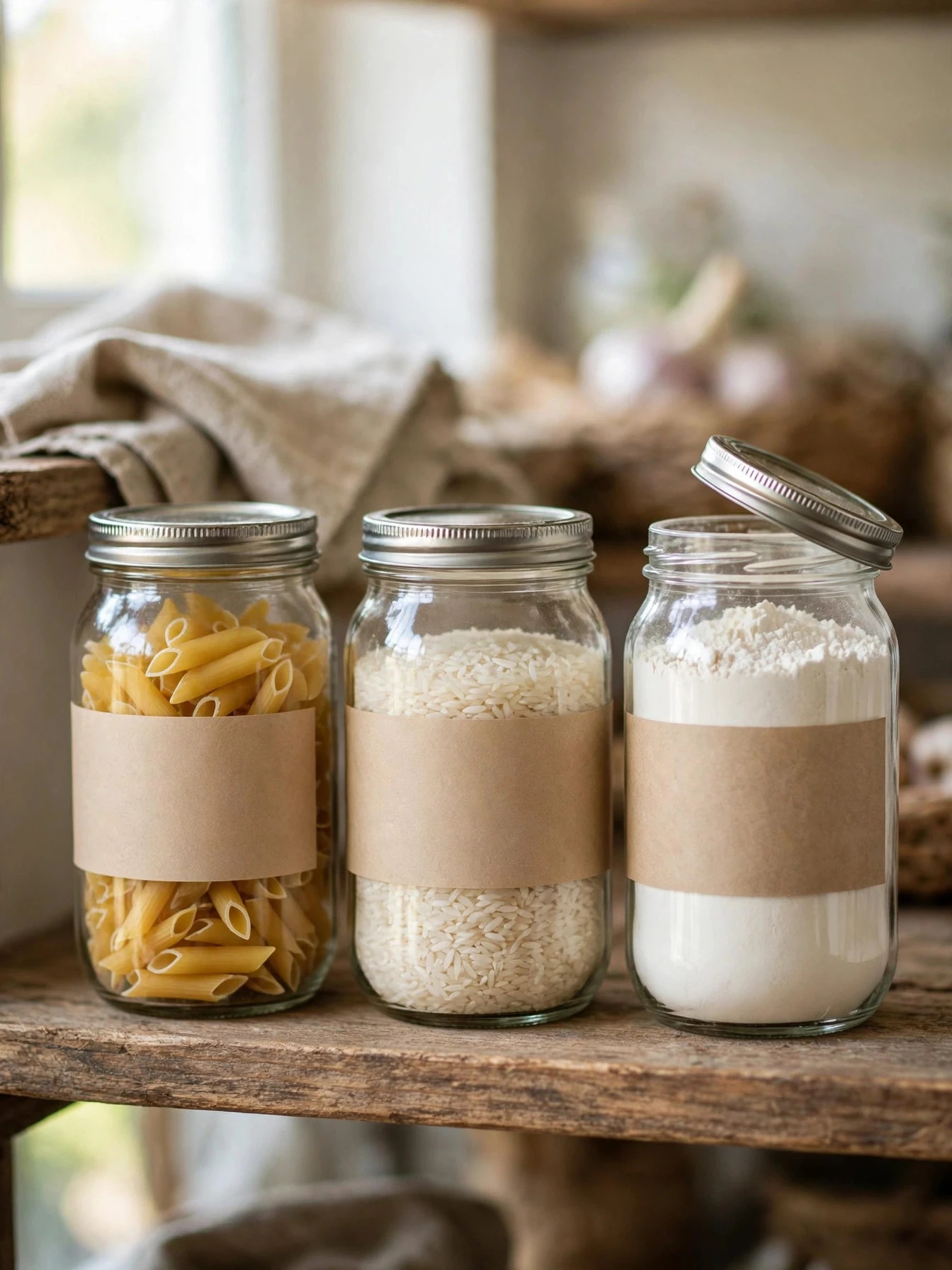 Pantry staples decanted into uniform airtight glass canisters on a shelf